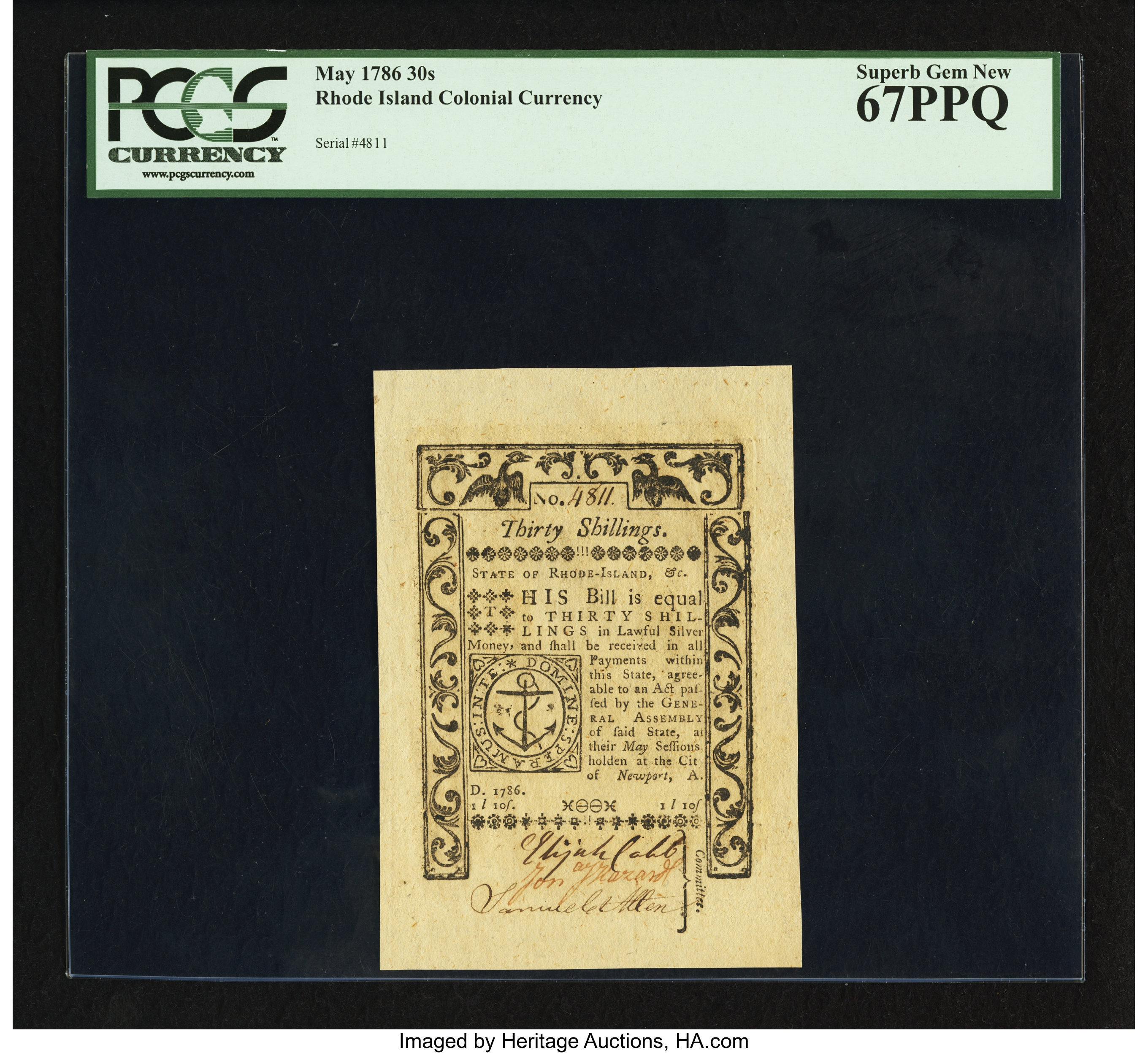 image for: Rhode Island May 1786 30s PCGS Superb Gem New 67PPQ....