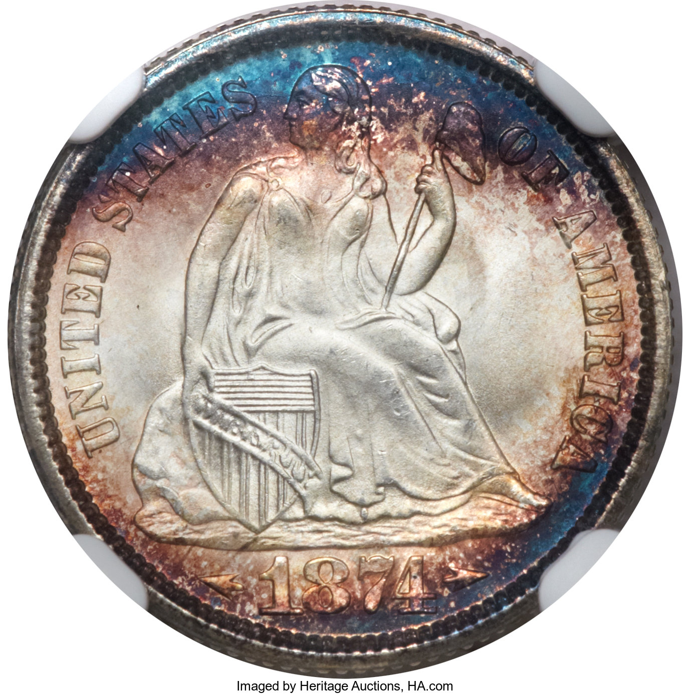 Top 1874 seated Liberty dime EF+ AU Details