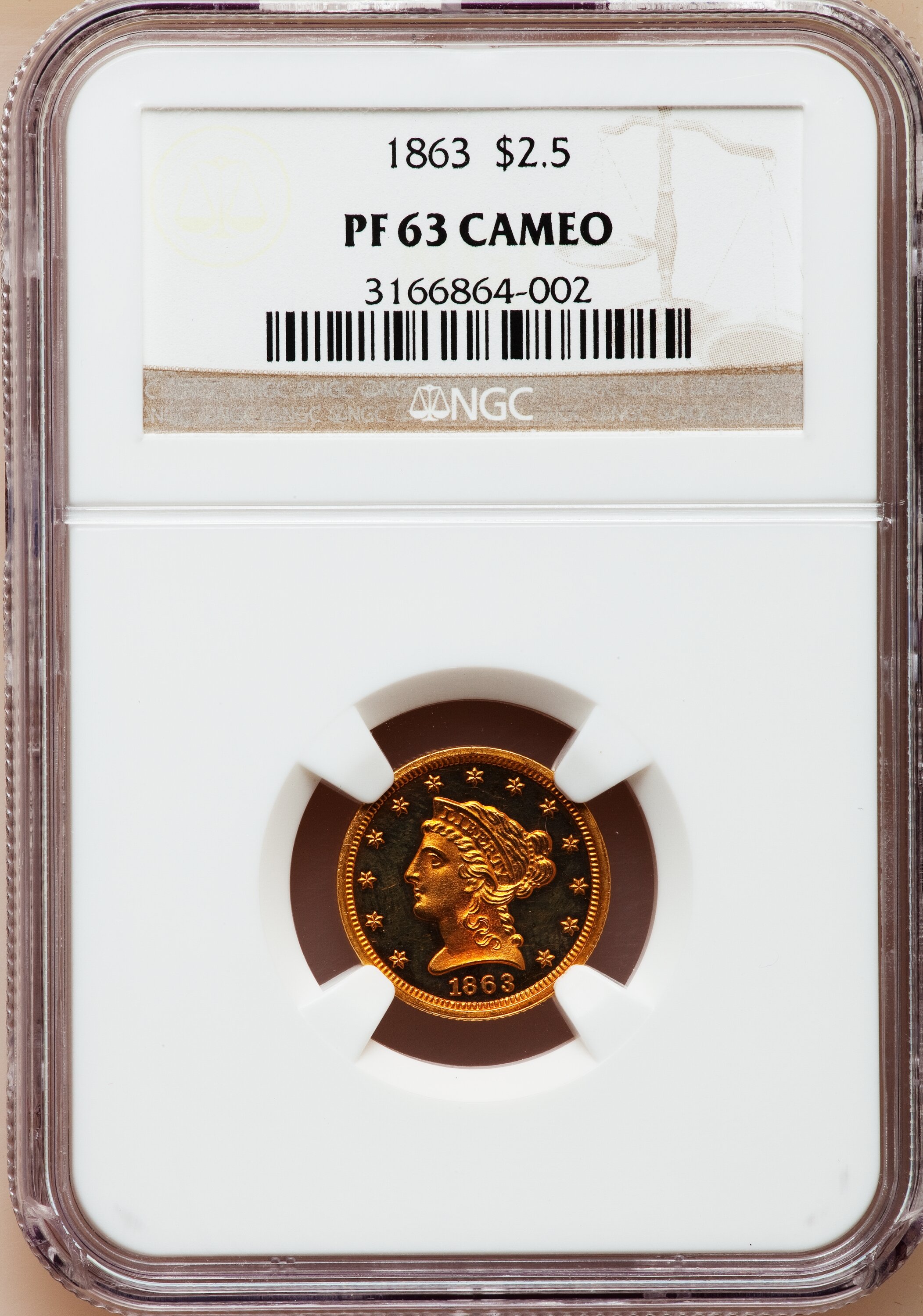 image for: 1863 $2 1/2 PR63 Cameo NGC....