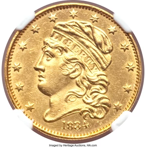 image for: 1834 $5 Capped Head, Crosslet 4 MS63 NGC. Breen-6500, BD-2, R.5....