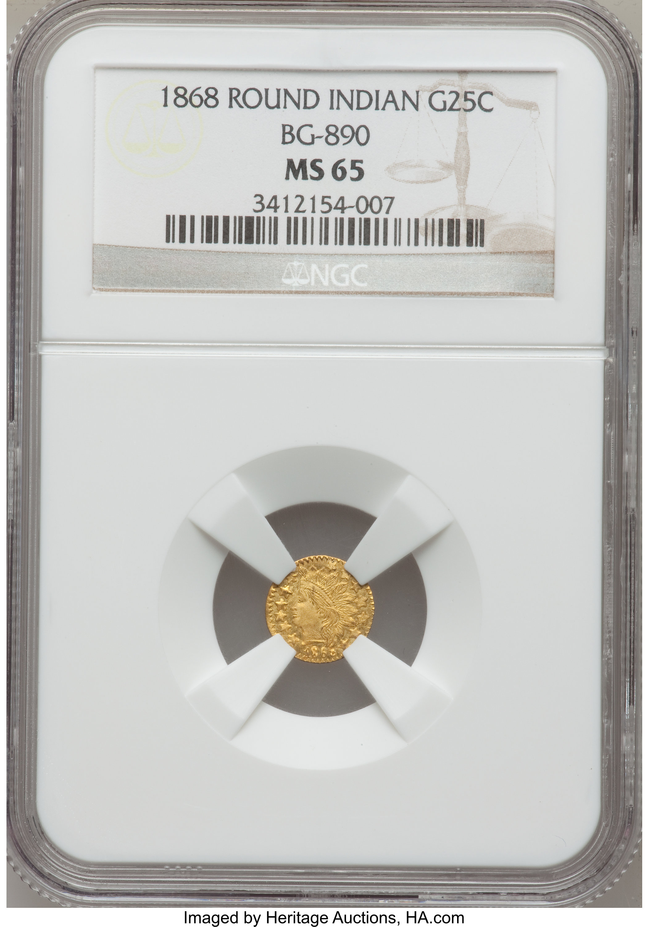 image for: 1868 25C Indian Round 25 Cents, BG-890, High R.5, MS65 NGC....