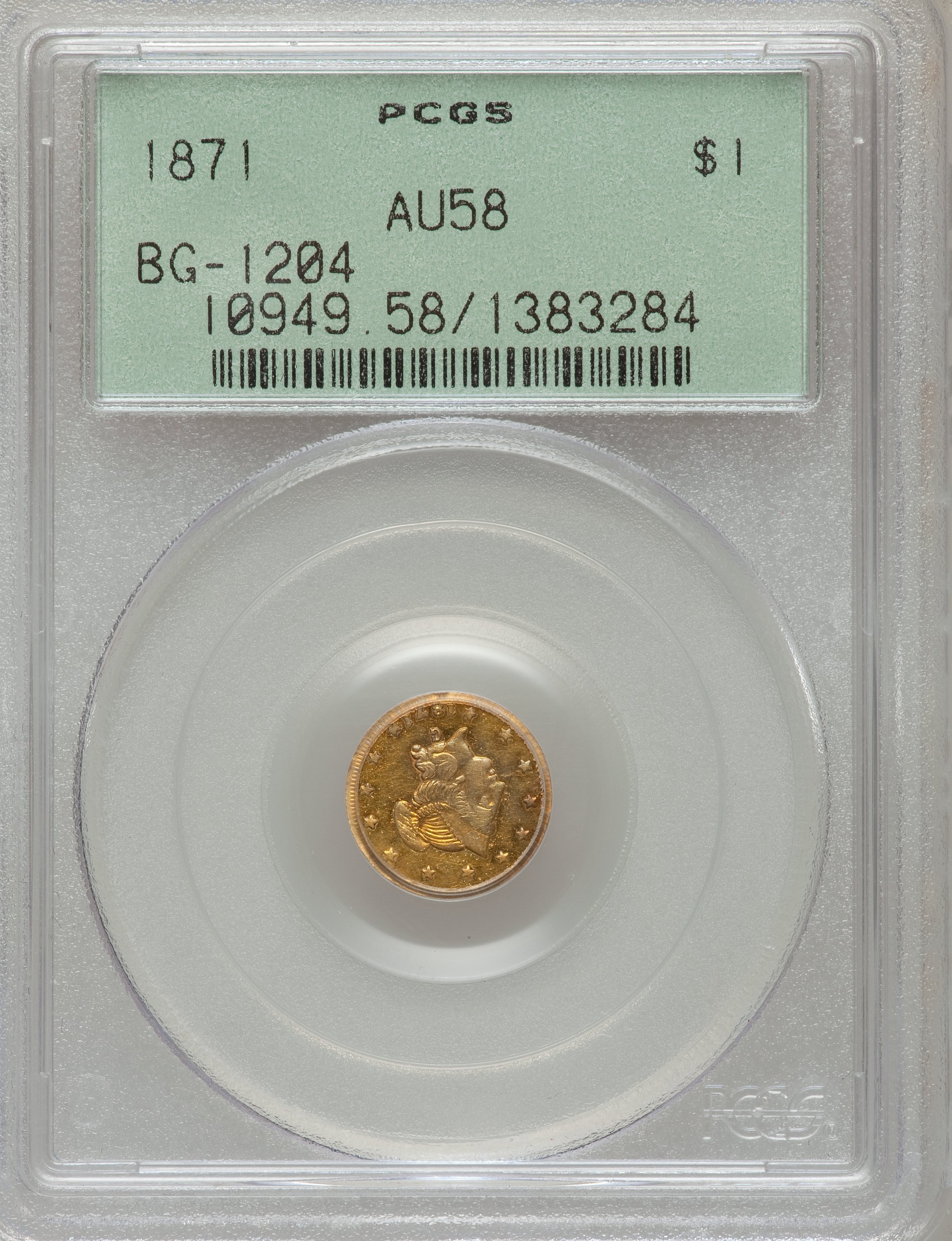 image for: 1871 $1 Liberty Round 1 Dollar, BG-1204, High R.5, AU58 PCGS....