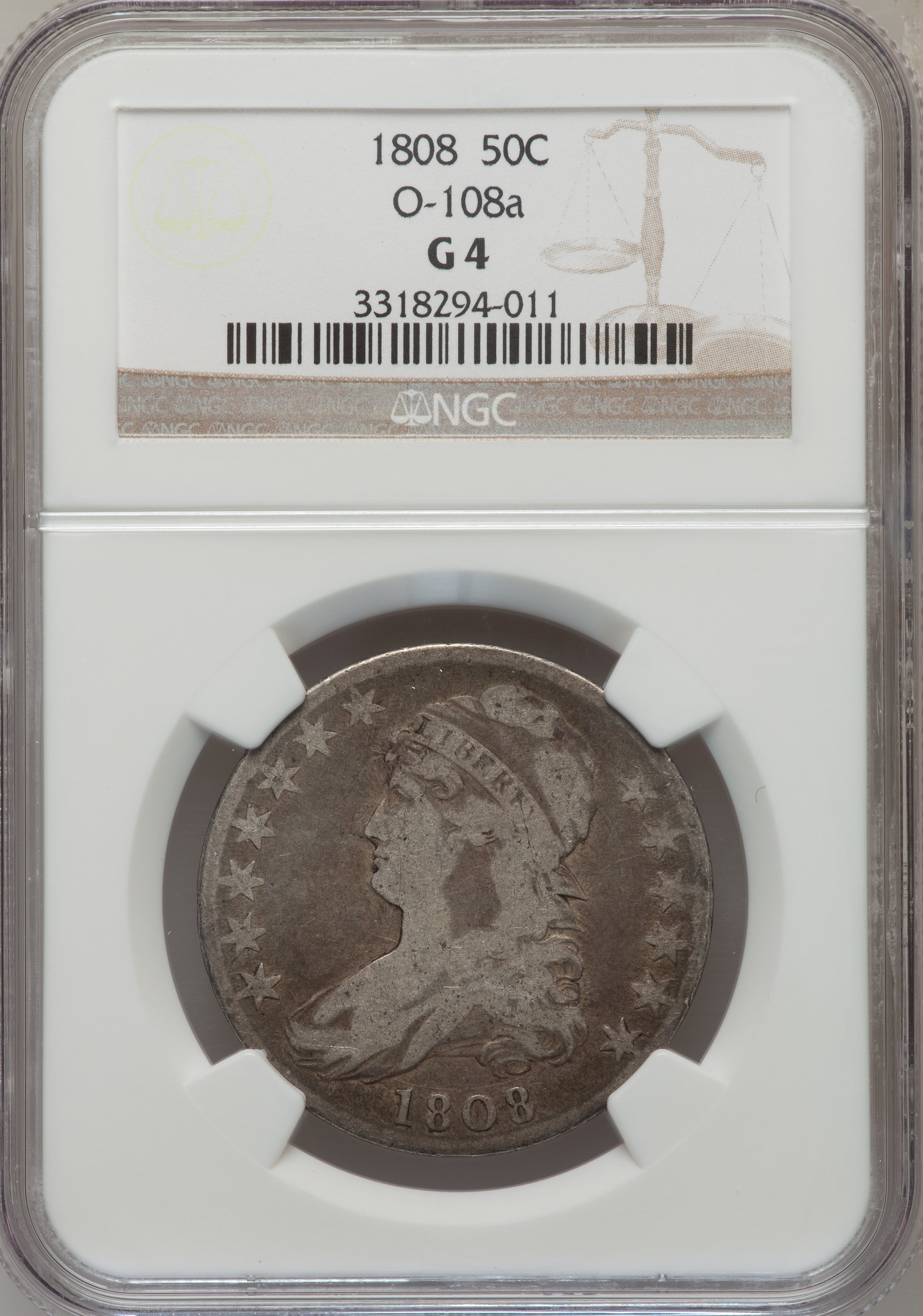 1808 50C Good 4 NGC. O-108a. NGC Census: (2/422). PCGS Population (2/529). Mintage: 1,368,600. Numismedia Wsl. Price for pr...