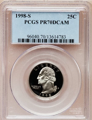 image for: 1998-S 25C Clad PR70 Deep Cameo PCGS. PCGS Population (168). NGC Census: (218). Numismedia Wsl. Price for problem free NGC...