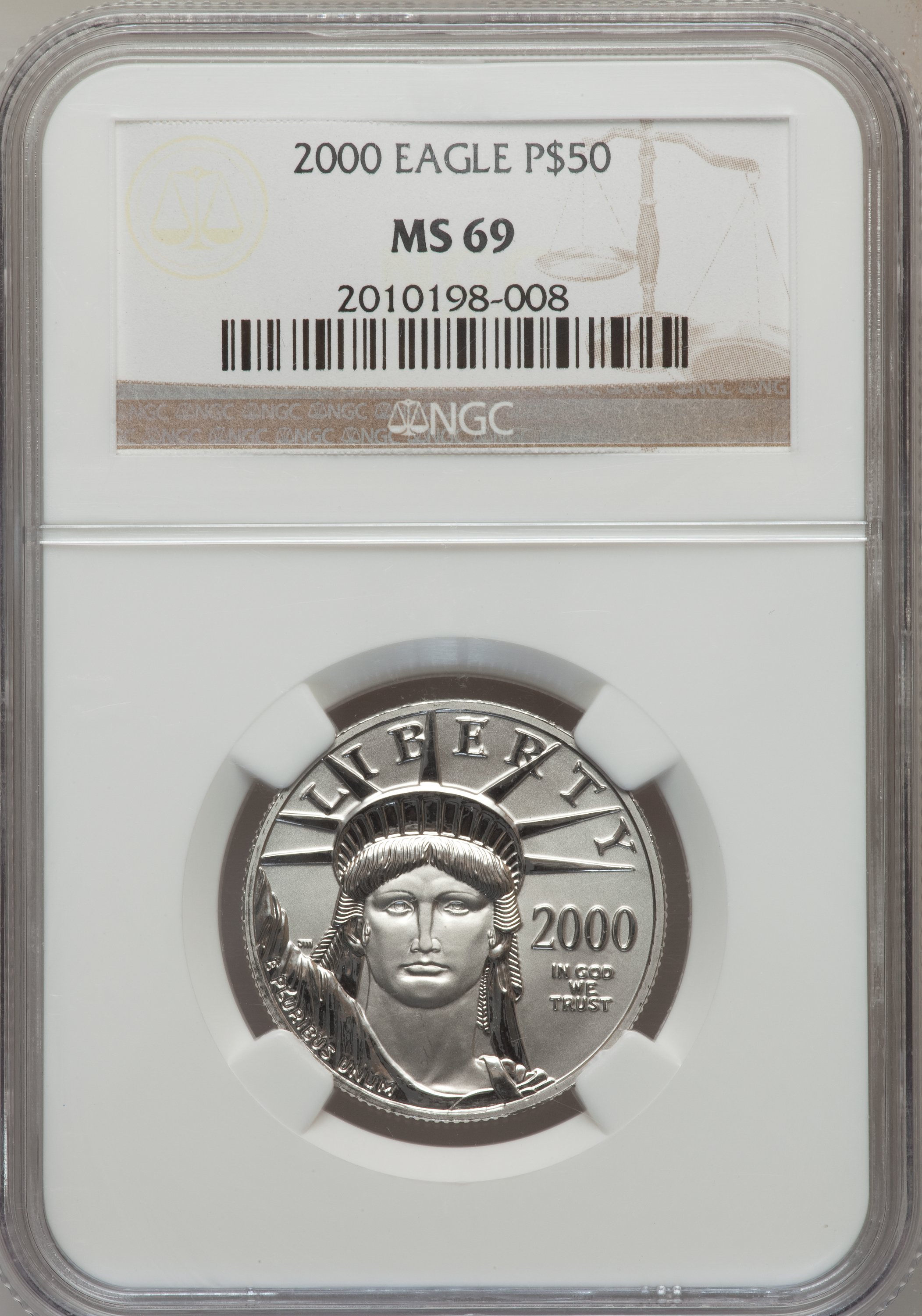image for: 2000 P$50 Half-Ounce Platinum Eagle MS69 NGC. NGC Census: (1076/15). PCGS Population (950/0). Mintage: 18,892. Numismedia W...
