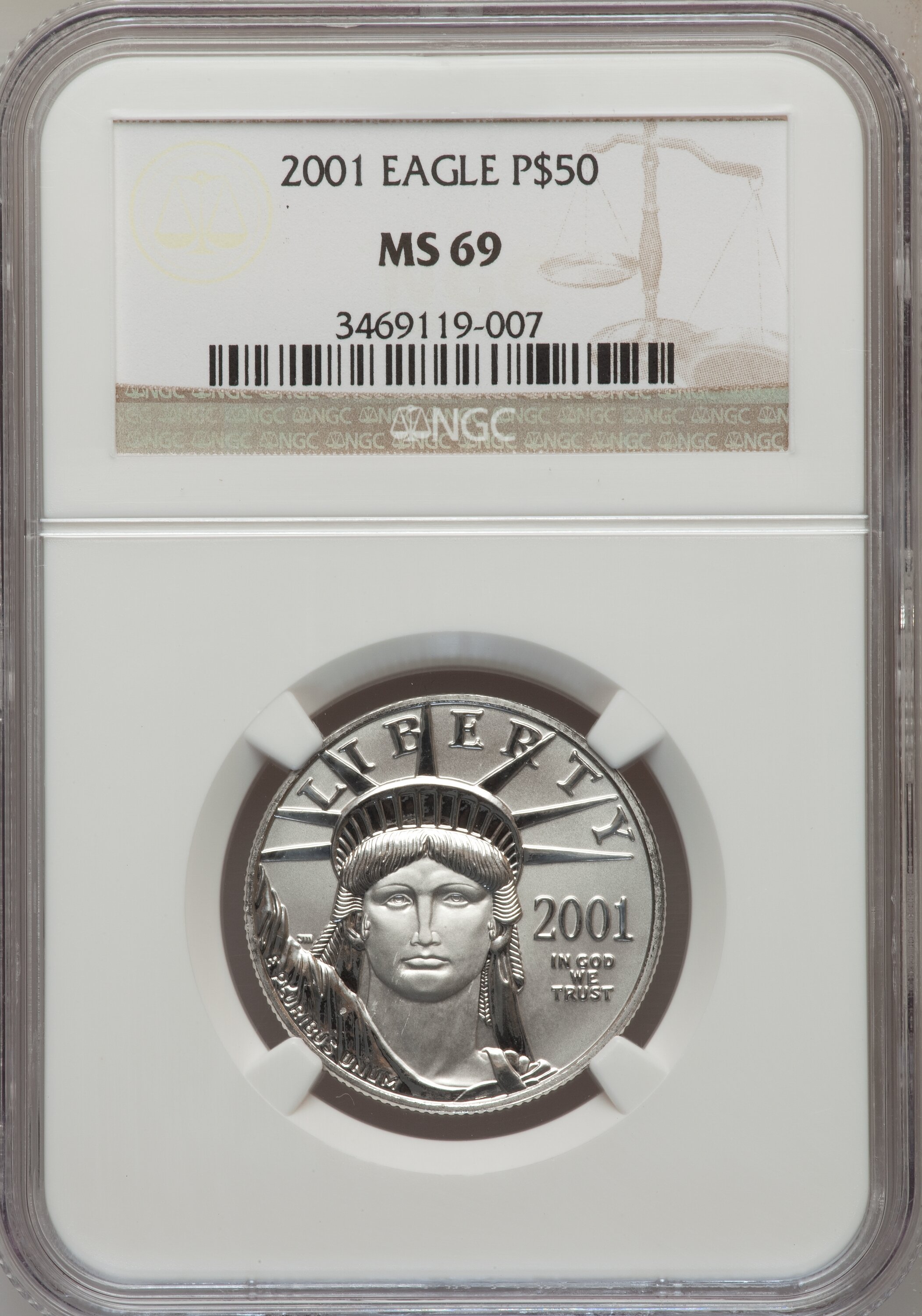 image for: 2001 P$50 Half-Ounce Platinum Eagle MS69 NGC. NGC Census: (1892/34). PCGS Population (688/1). Mintage: 12,815. Numismedia W...