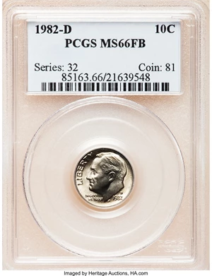 image for: 1982-D 10C MS66 Full Bands PCGS. PCGS Population (19/3). NGC Census: (0/0). Mintage: 542,713,600. (#85163)...