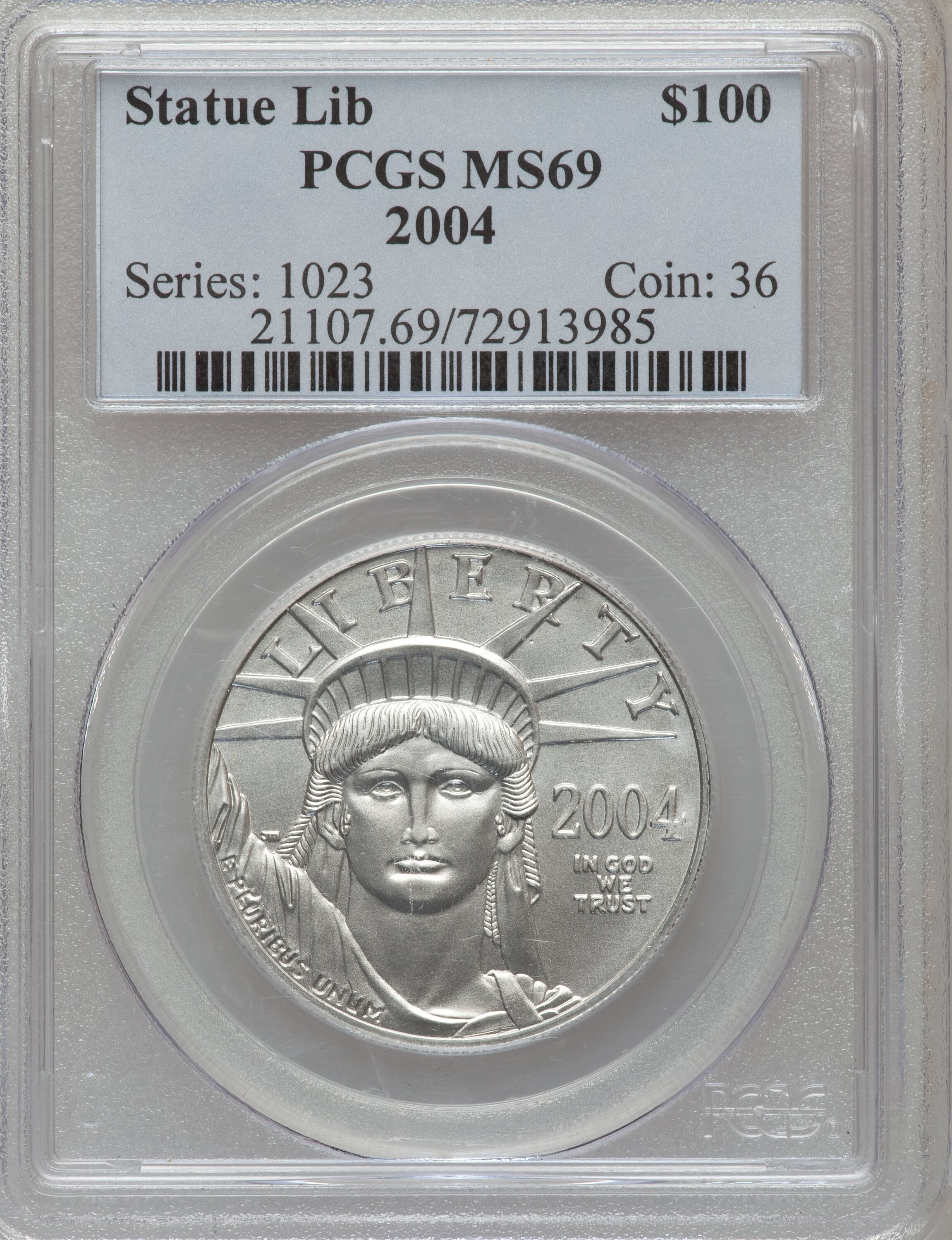 image for: 2004 P$100 One-Ounce Platinum Eagle MS69 PCGS. PCGS Population (1936/45). NGC Census: (658/164).  Numismedia Wsl. Price for...