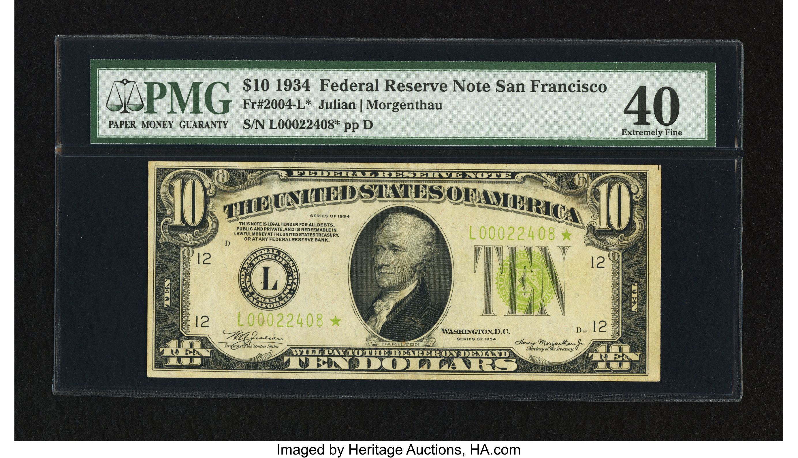 image for: Fr. 2004-L* $10 1934 Light Green Seal Federal Reserve Star Note. PMG Extremely Fine 40....
