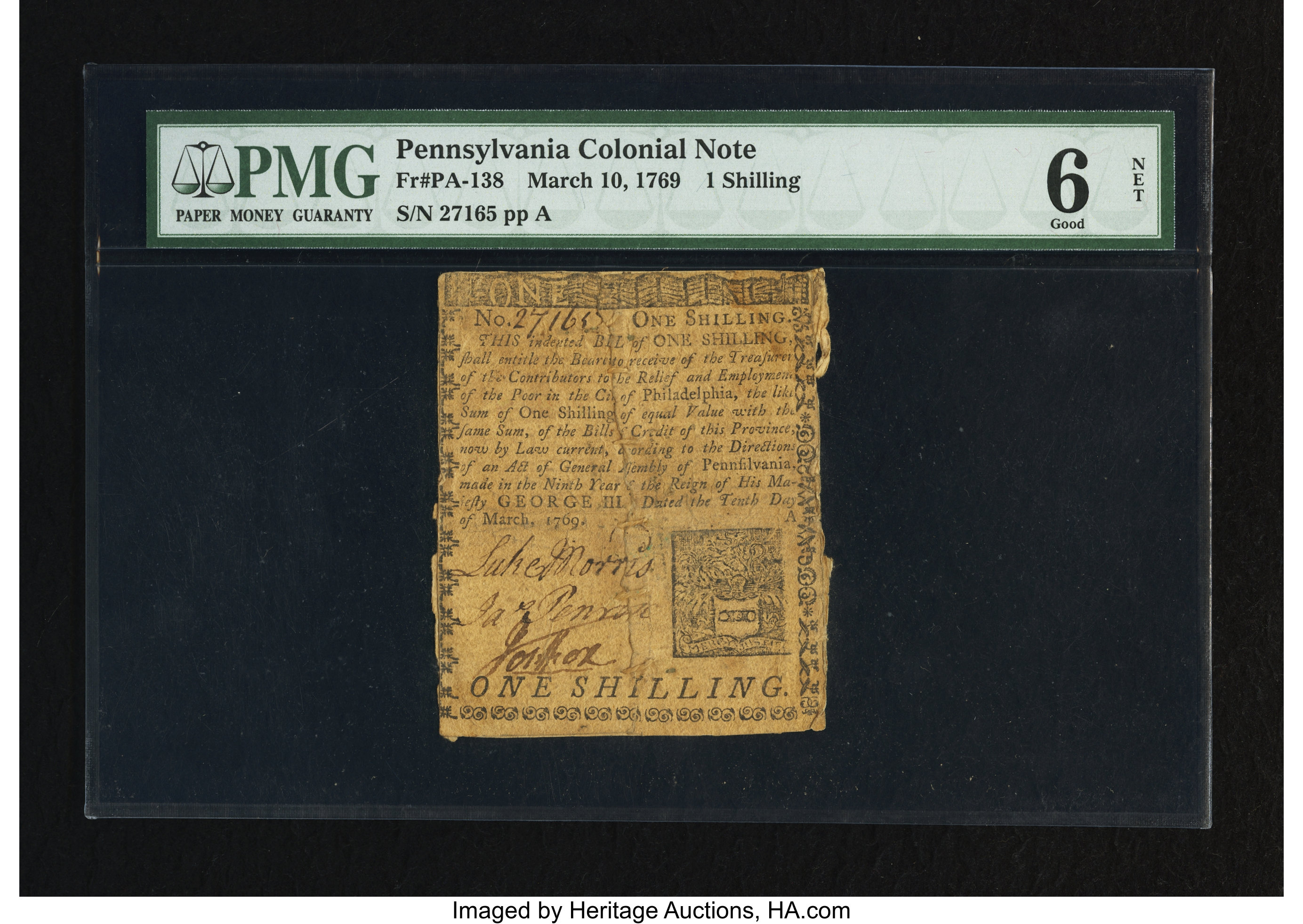 image for: Pennsylvania March 10, 1769 1s PMG Good 6 Net....