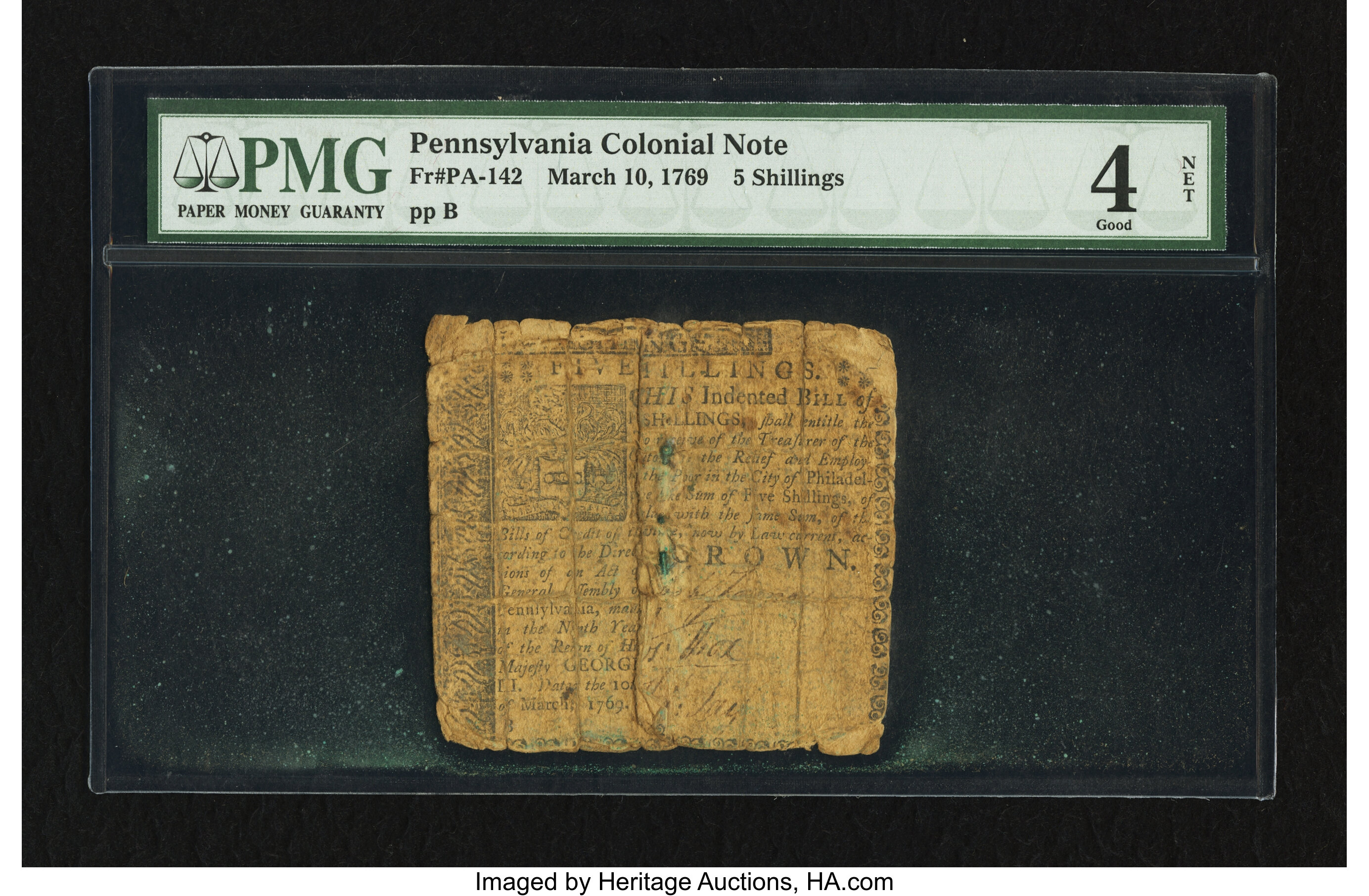 image for: Pennsylvania March 10, 1769 5s PMG Good 4 Net....