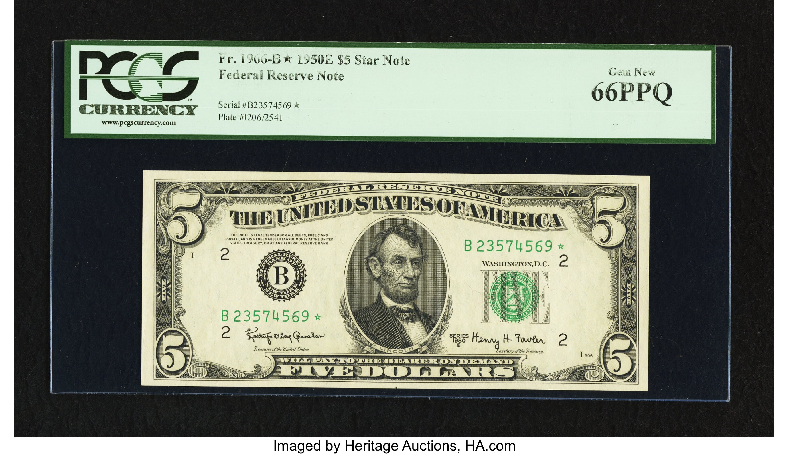 image for: Fr. 1966-B* $5 1950E Federal Reserve Star Note. PCGS Gem New 66PPQ....