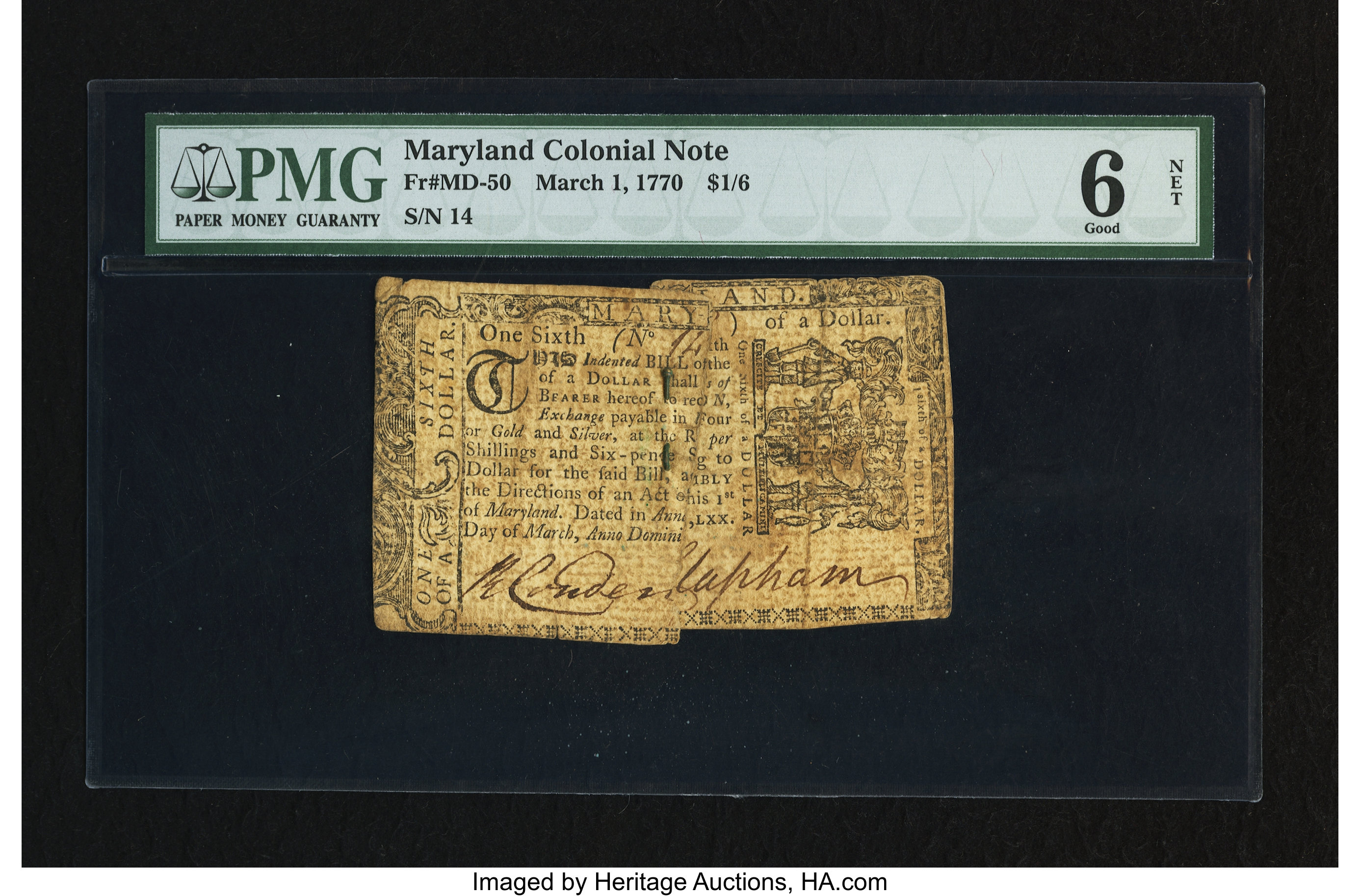 image for: Maryland March 1, 1770 $1/6 PMG Good 6 Net....