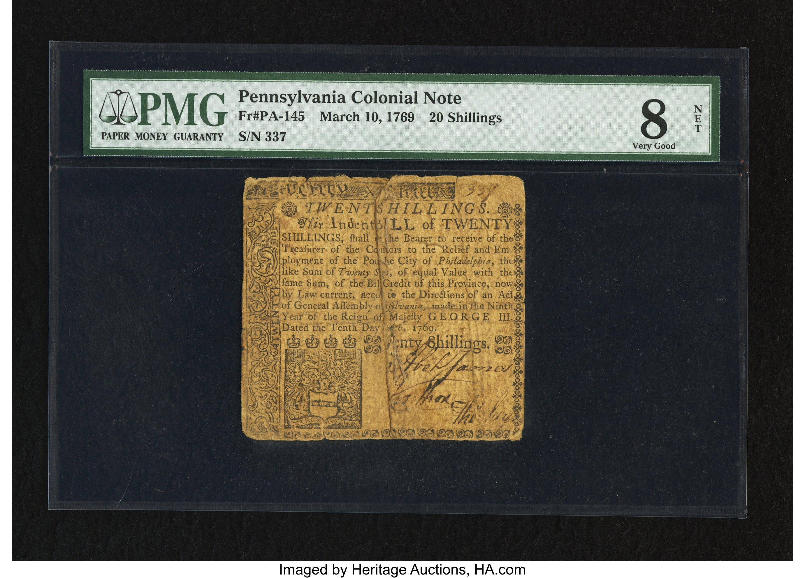 image for: Pennsylvania March 10, 1769 20s PMG Very Good 8 Net....