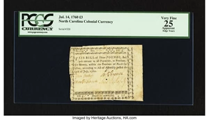 image for: North Carolina July 14, 1760 £3 PCGS Apparent Very Fine 25....