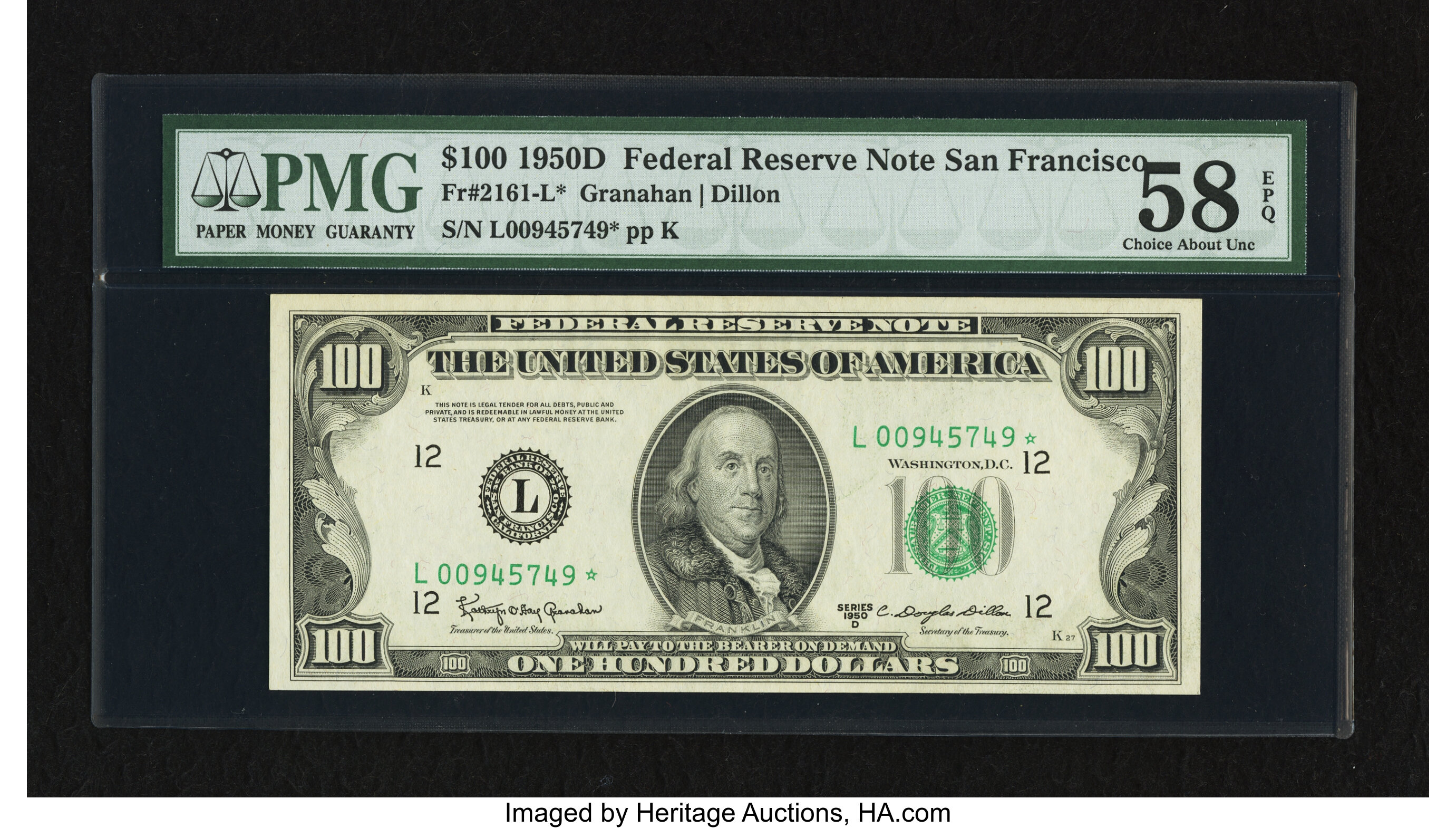 image for: Fr. 2161-L* $100 1950D Federal Reserve Star Note. PMG Choice About Unc 58 EPQ....