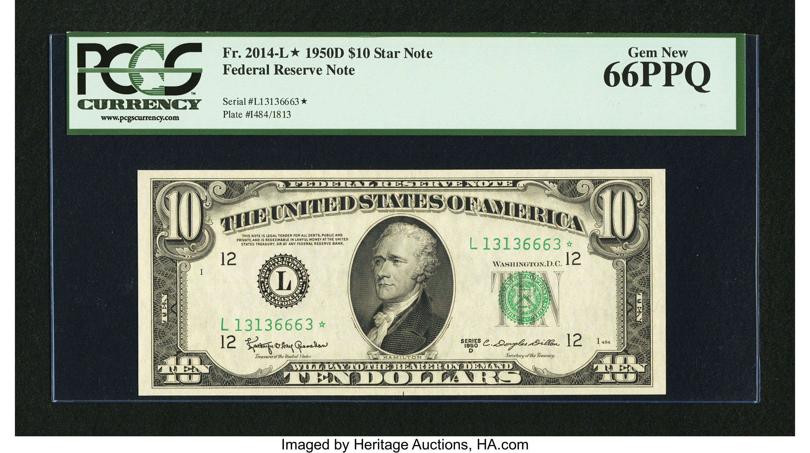 image for: Fr. 2014-L* $10 1950D Federal Reserve Star Note. PCGS Gem New 66PPQ....