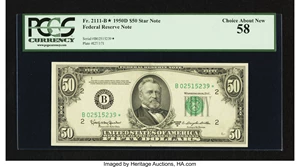 image for: Fr. 2111-B* $50 1950D Federal Reserve Note. PCGS Choice About New 58....