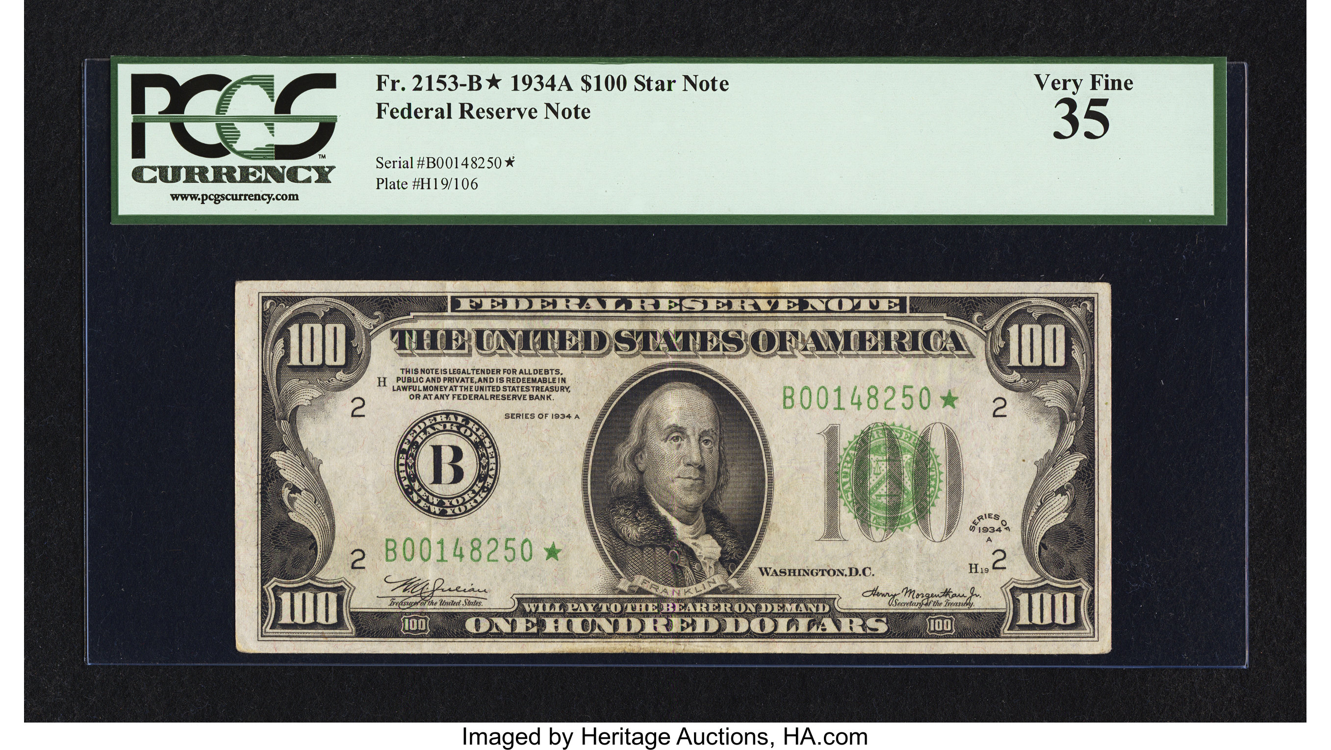 image for: Fr. 2153-B* $100 1934A Mule Federal Reserve Star Note. PCGS Very Fine 35....