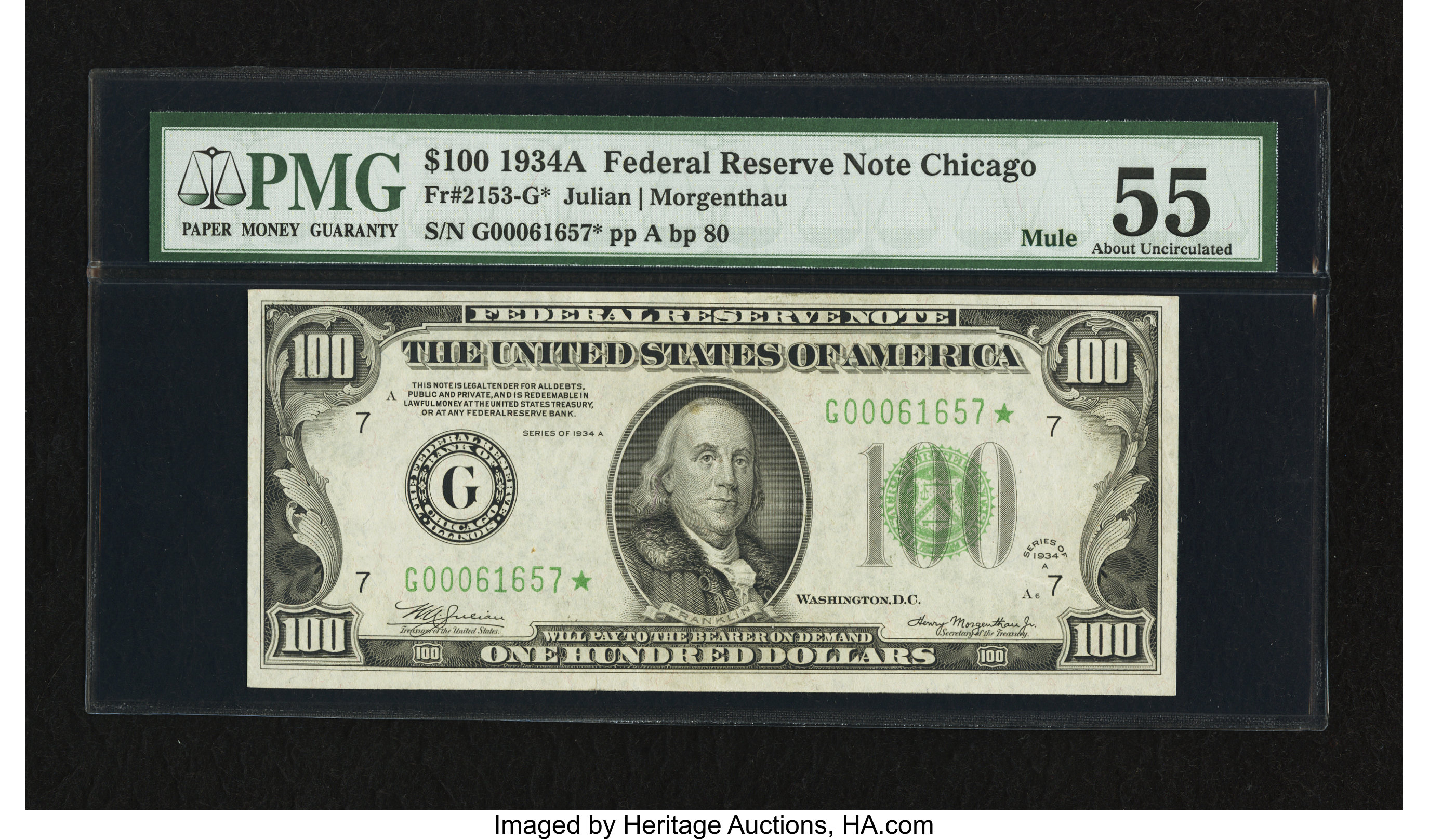 image for: Fr. 2153-G* $100 1934A Mule Federal Reserve Note. PMG About Uncirculated 55....