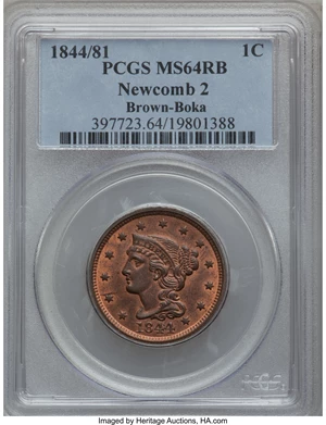 image for: 1844/81 1C MS64 Red and Brown PCGS. N-2, R.2. MRB MS65. ...