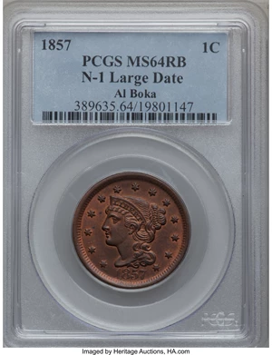 image for: 1857 1C Large Date MS64 Red and Brown PCGS. N-1, R.1. MRB MS63. ...
