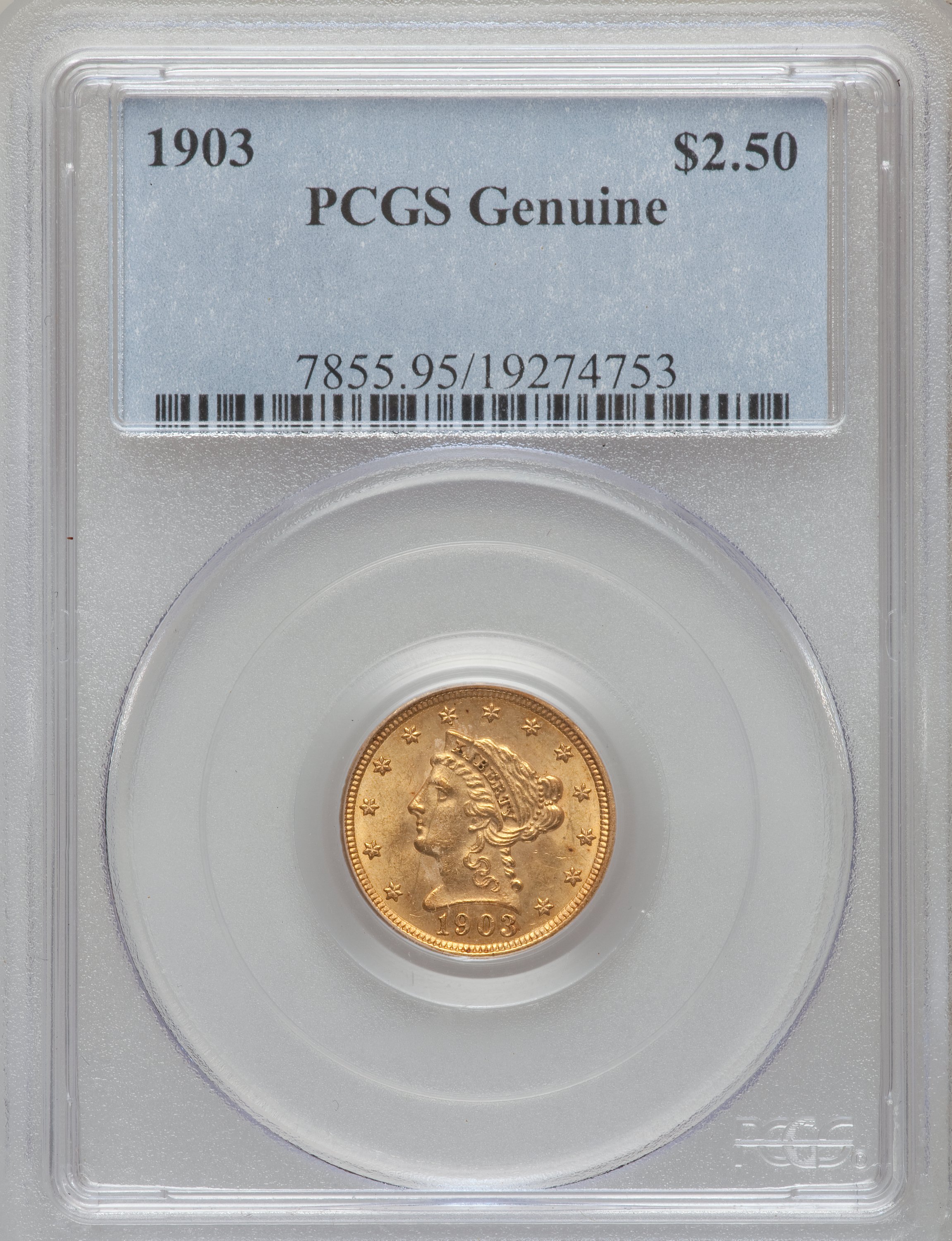 1903 $2 1/2 PCGS Genuine. The PCGS number ending in .95 suggests scratch as the reason, or perhaps one of the reasons, that...