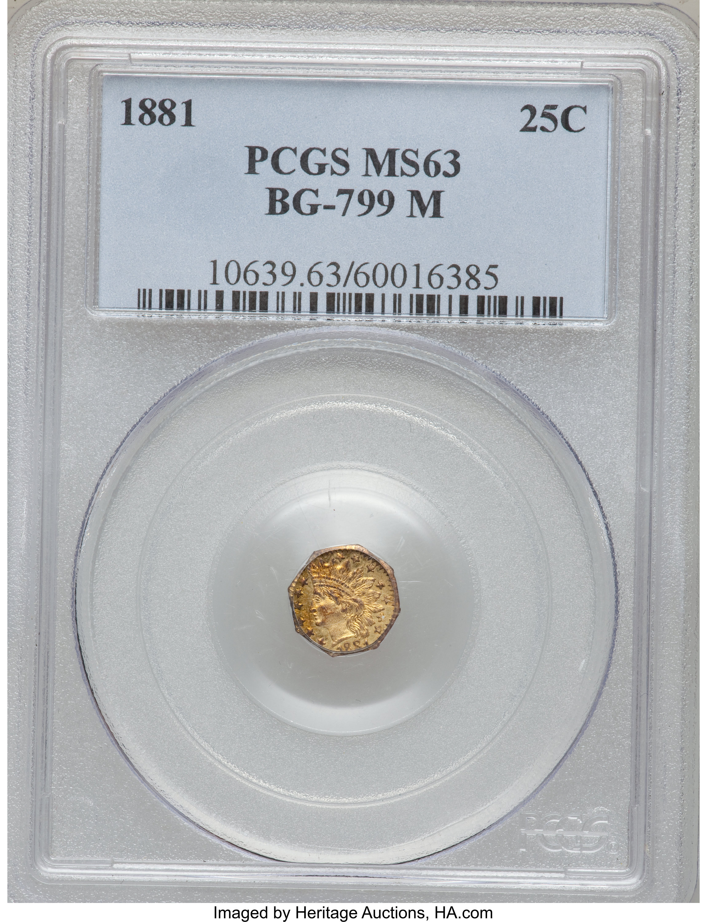 image for: 1881 25C Indian Octagonal 25 Cents, BG-799M, Low R.5, MS63 PCGS. PCGS Population (19/24). NGC Census: (0/2).   (#10639)...