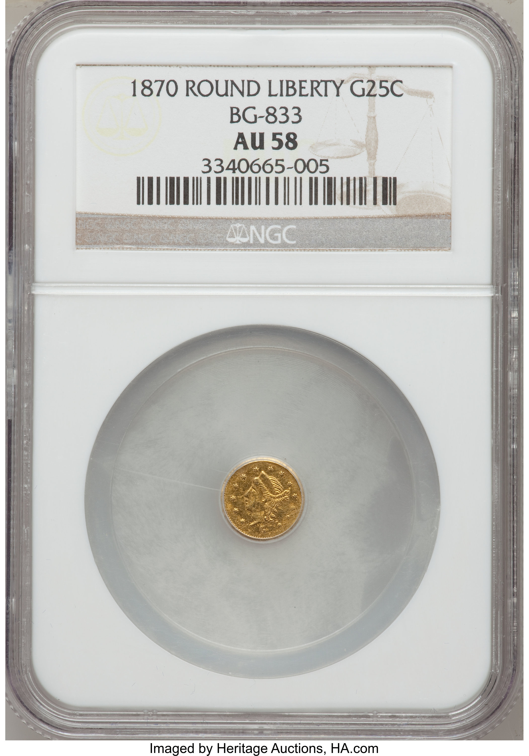 image for: 1870 25C Liberty Round 25 Cents, BG-833, Low R.6, AU58 NGC. NGC Census: (1/3). PCGS Population (5/10).   (#10694)...