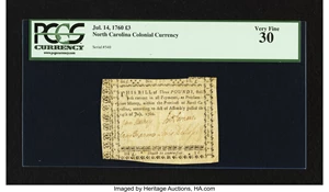 image for: North Carolina July 14, 1760 £3 PCGS Very Fine 30....