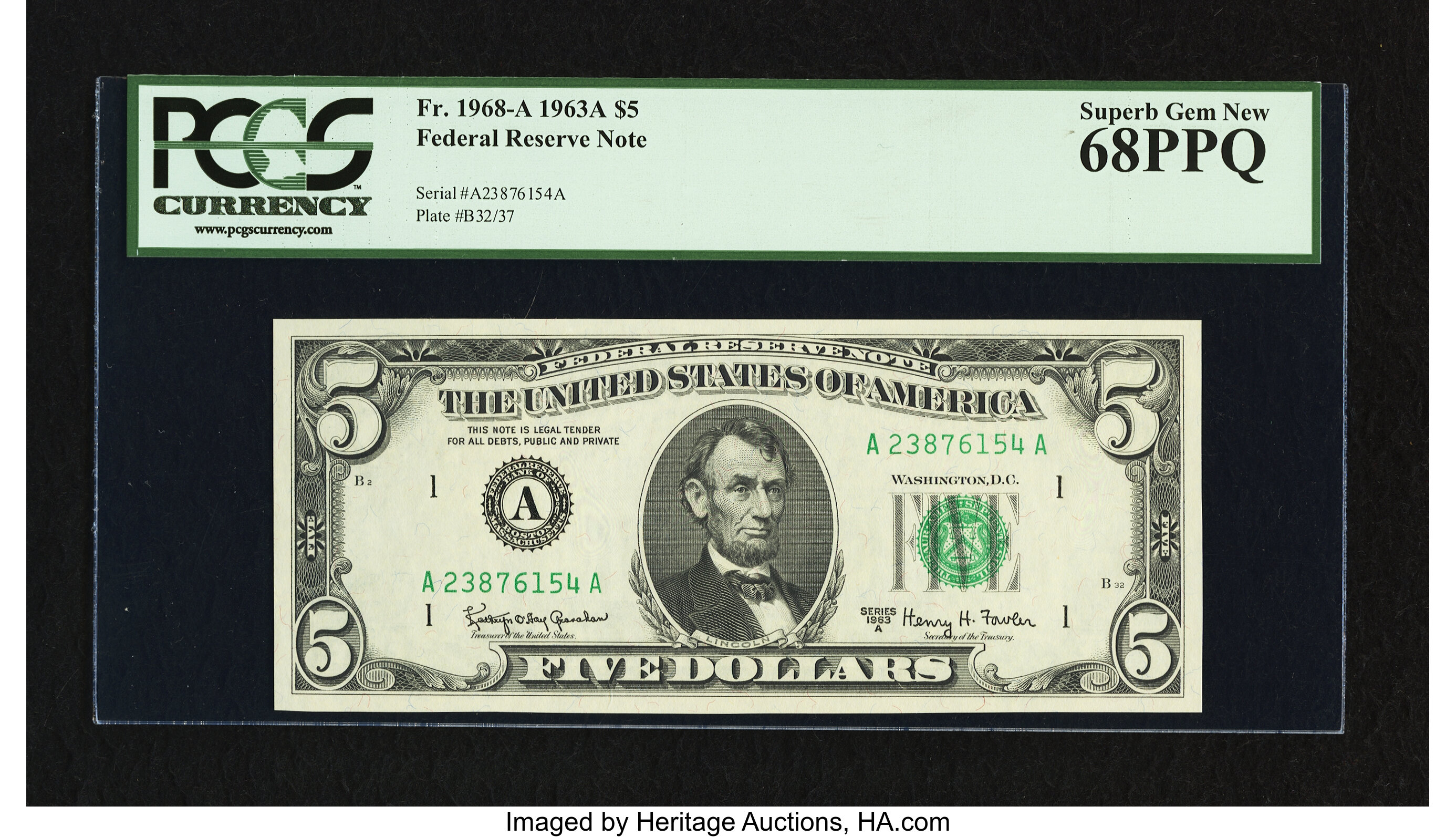 image for: Top Pop Fr. 1968-A $5 1963A Federal Reserve Note. PCGS Superb Gem New 68PPQ....
