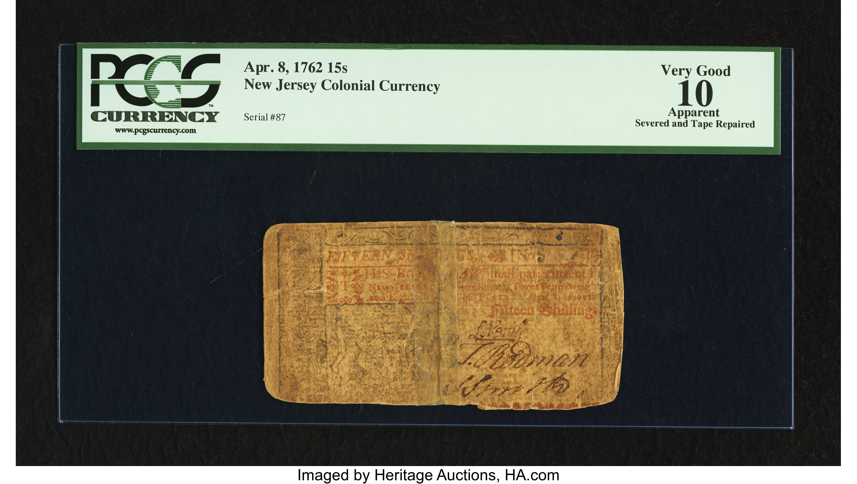 image for: Low Number 87 New Jersey April 8, 1762 15s PCGS Apparent Very Good 10....