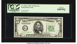 image for: Fr. 1959-G $5 1934C Wide Federal Reserve Note. PCGS Gem New 65PPQ....