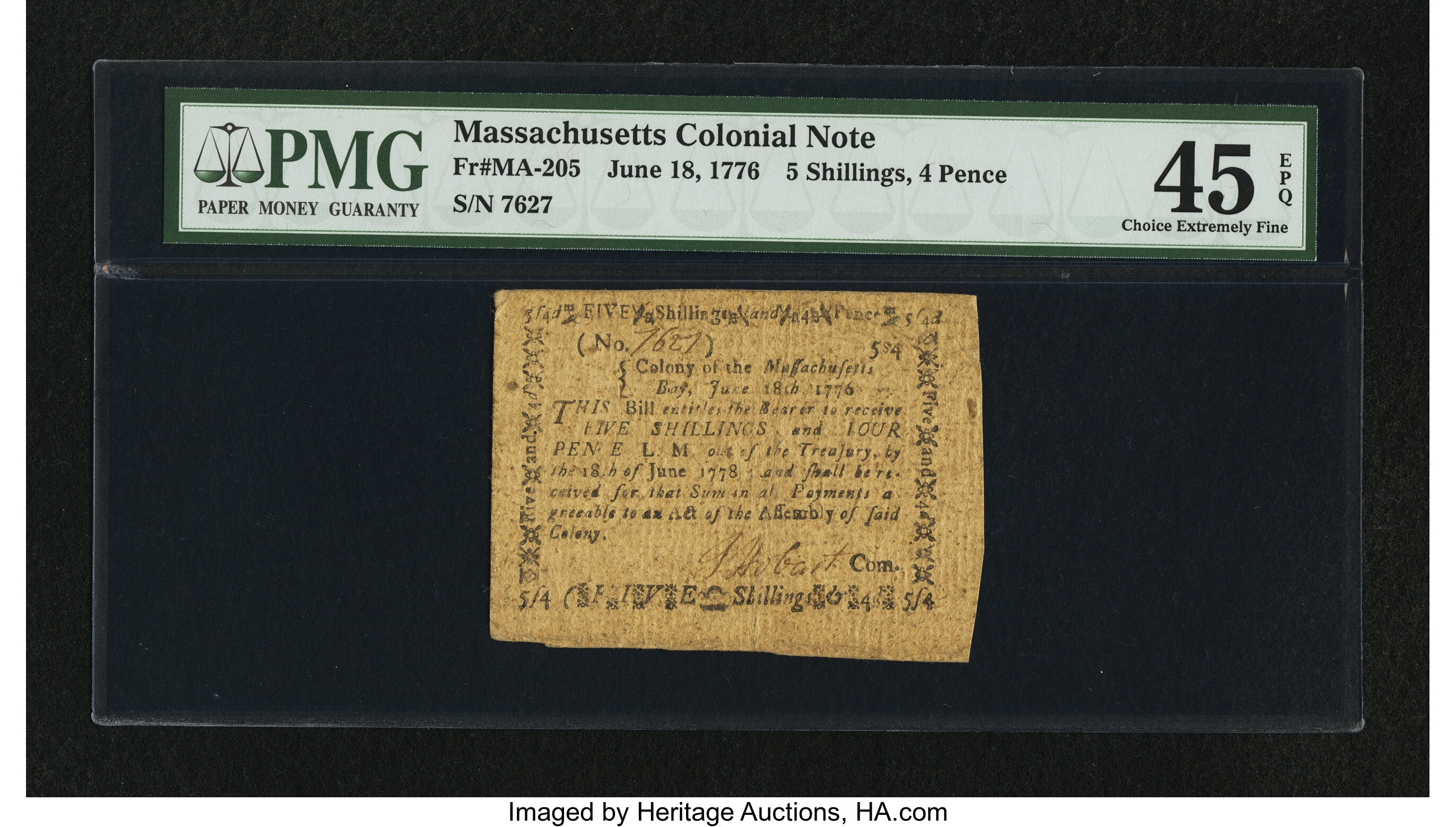 image for: Massachusetts June 18, 1776 5s 4d PMG Choice Extremely Fine 45 EPQ....