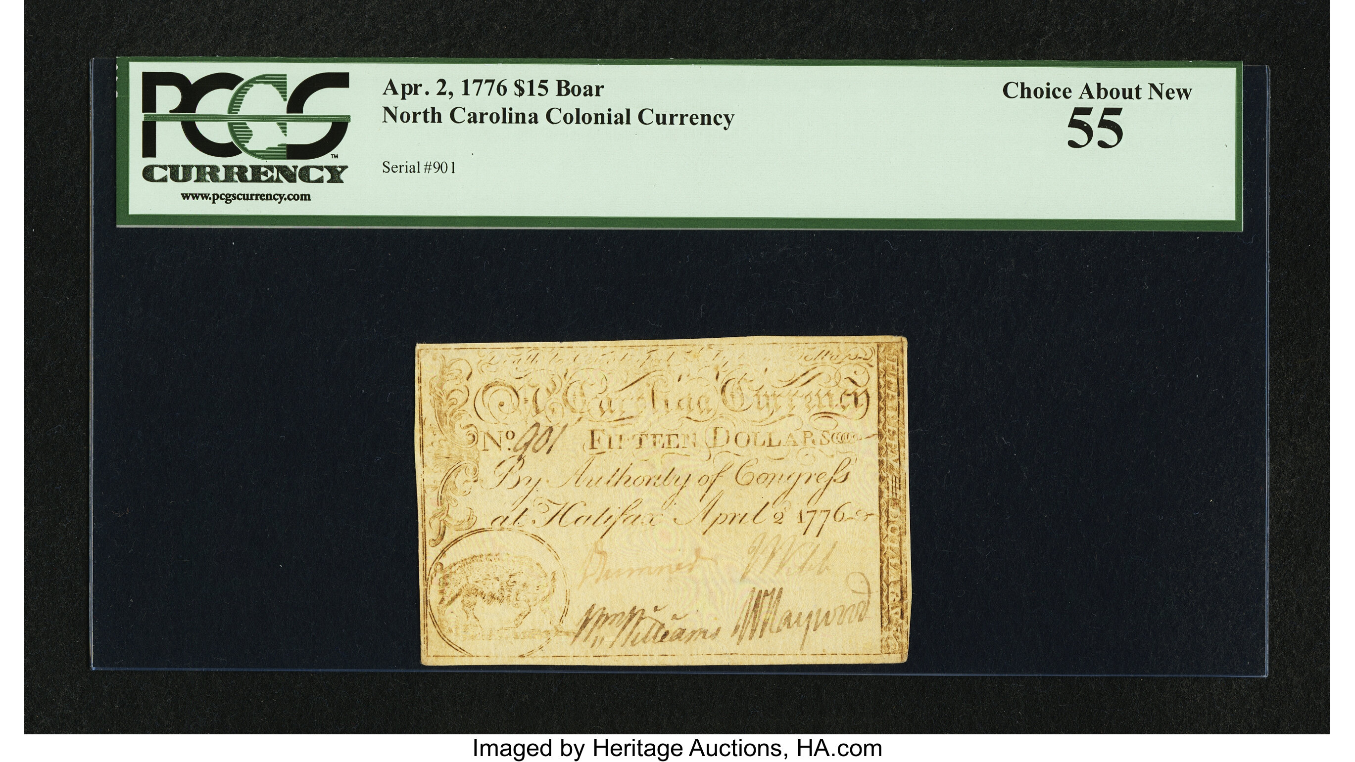image for: North Carolina April 2, 1776 $15 Boar PCGS Choice About New 55....