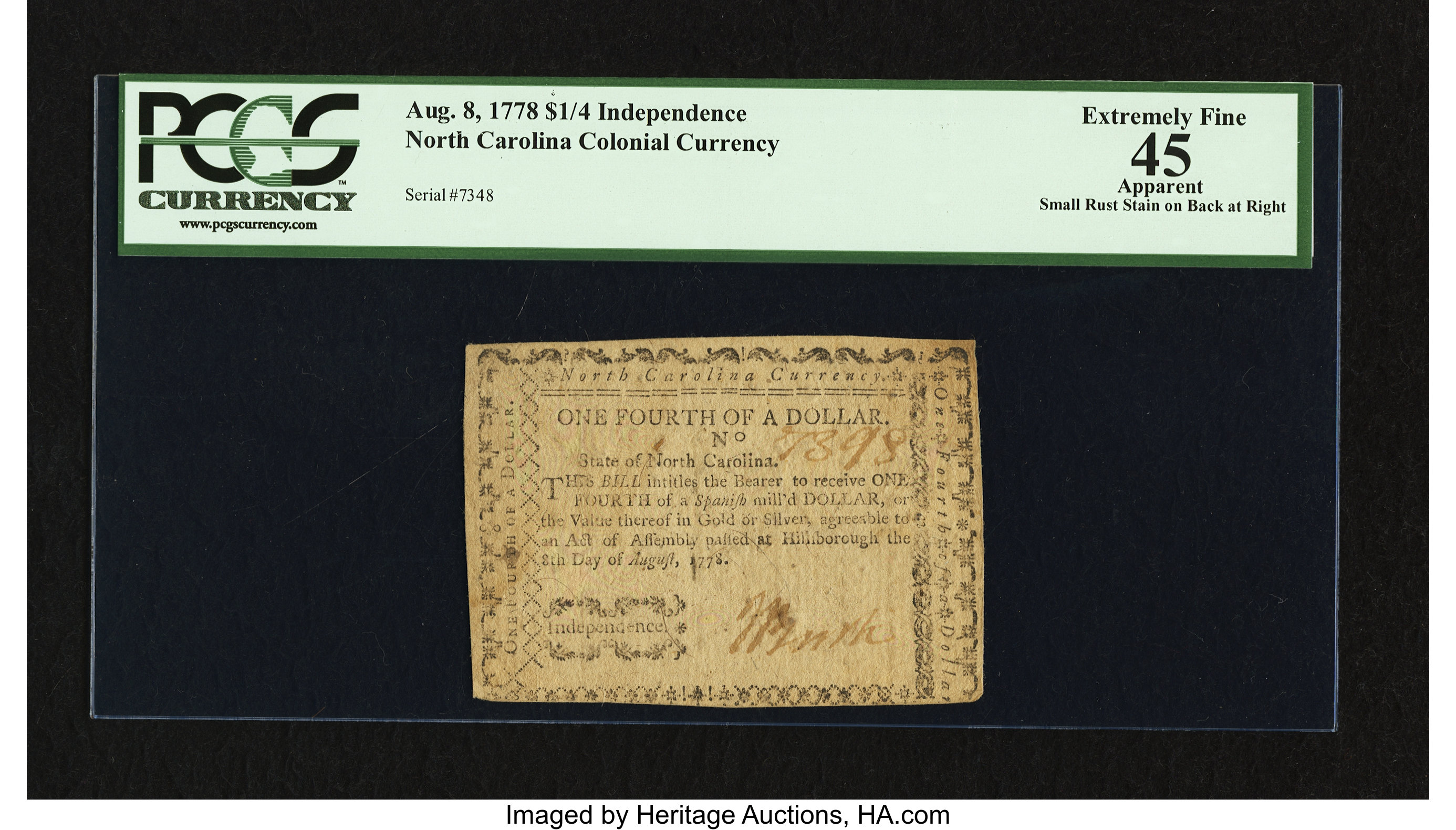 image for: North Carolina August 8, 1778 $1/4 Independence PCGS Apparent Extremely Fine 45....