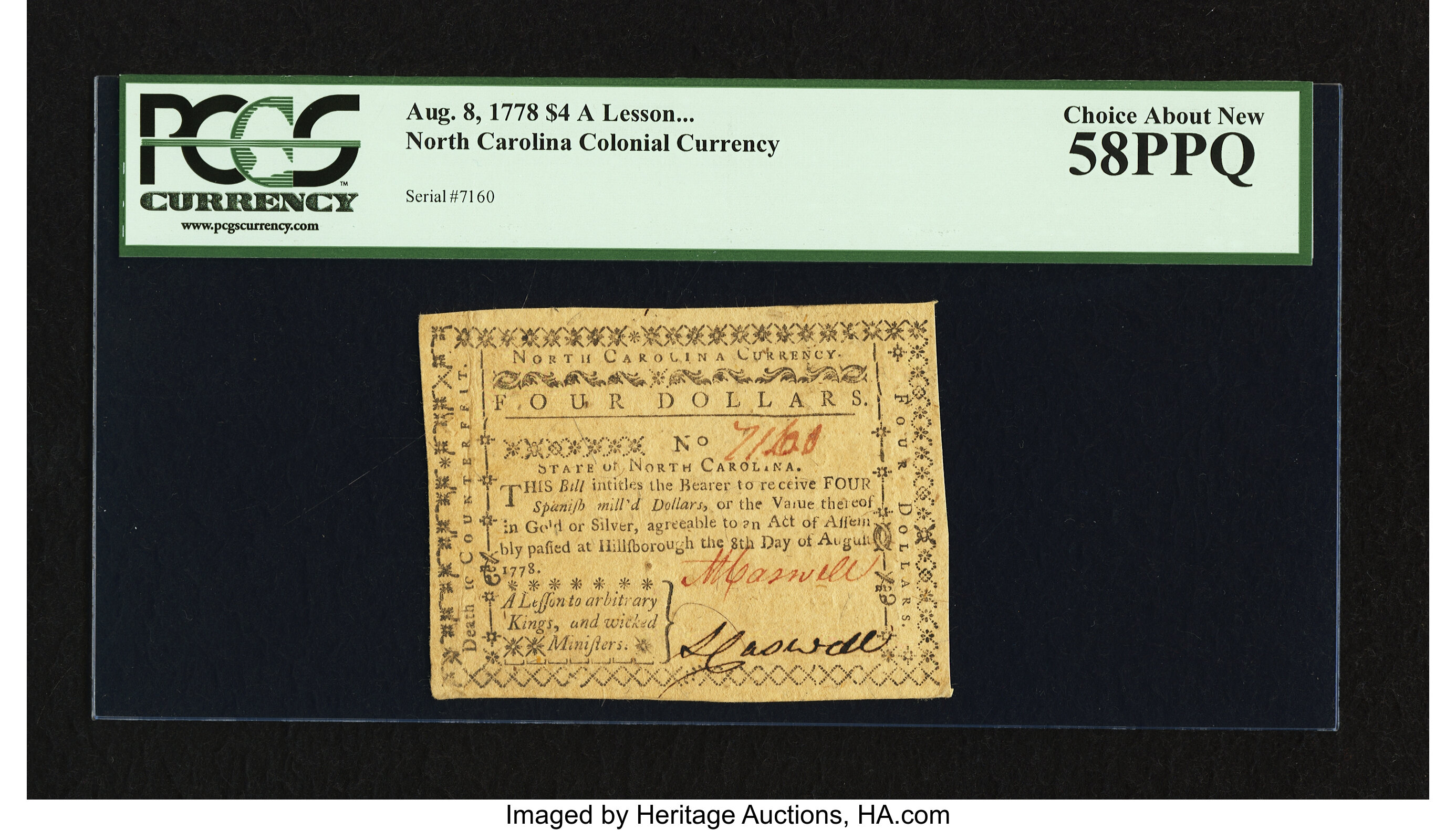 image for: North Carolina August 8, 1778 $4 A Lesson to Arbitrary Kings and Wicked Ministers PCGS Choice About New 58PPQ....