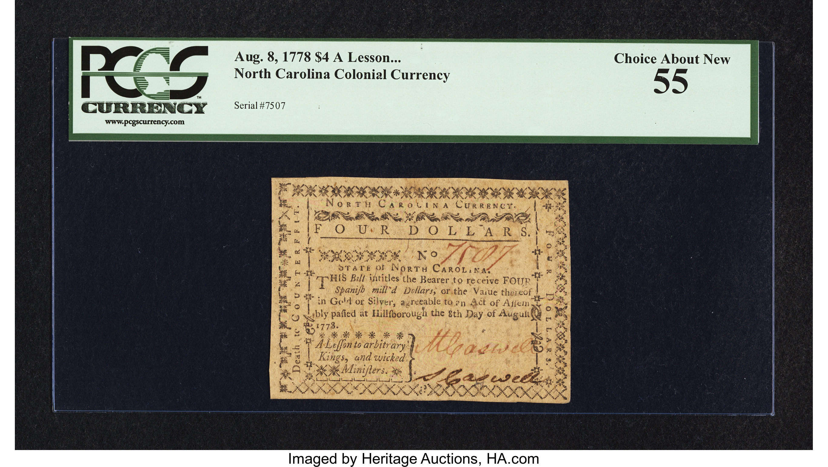 image for: North Carolina August 8, 1778 $4 A Lesson to Arbitrary Kings and Wicked Ministers PCGS Choice About New 55....