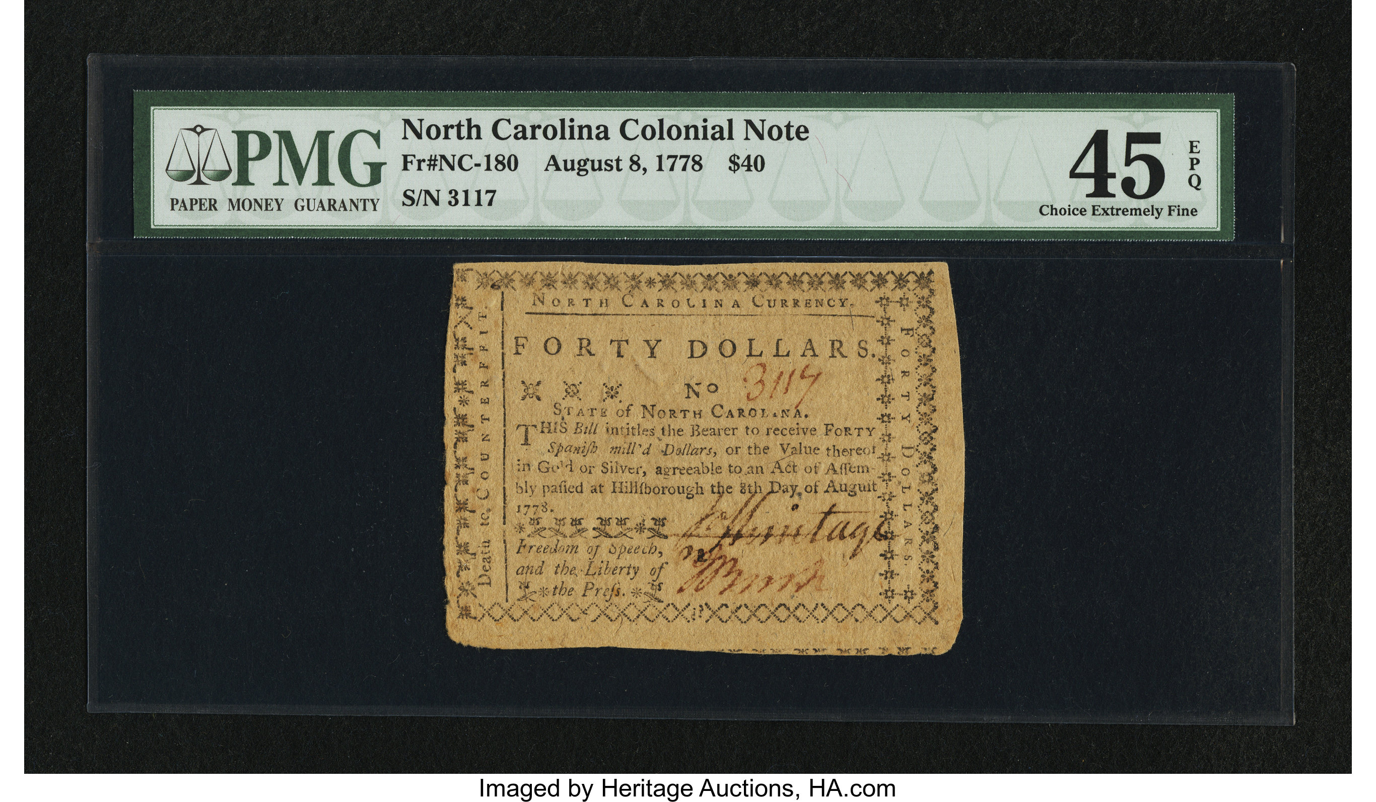 image for: North Carolina August 8, 1778 $40 Freedom of Speech and Liberty of the Press PMG Choice Extremely Fine 45 EPQ....