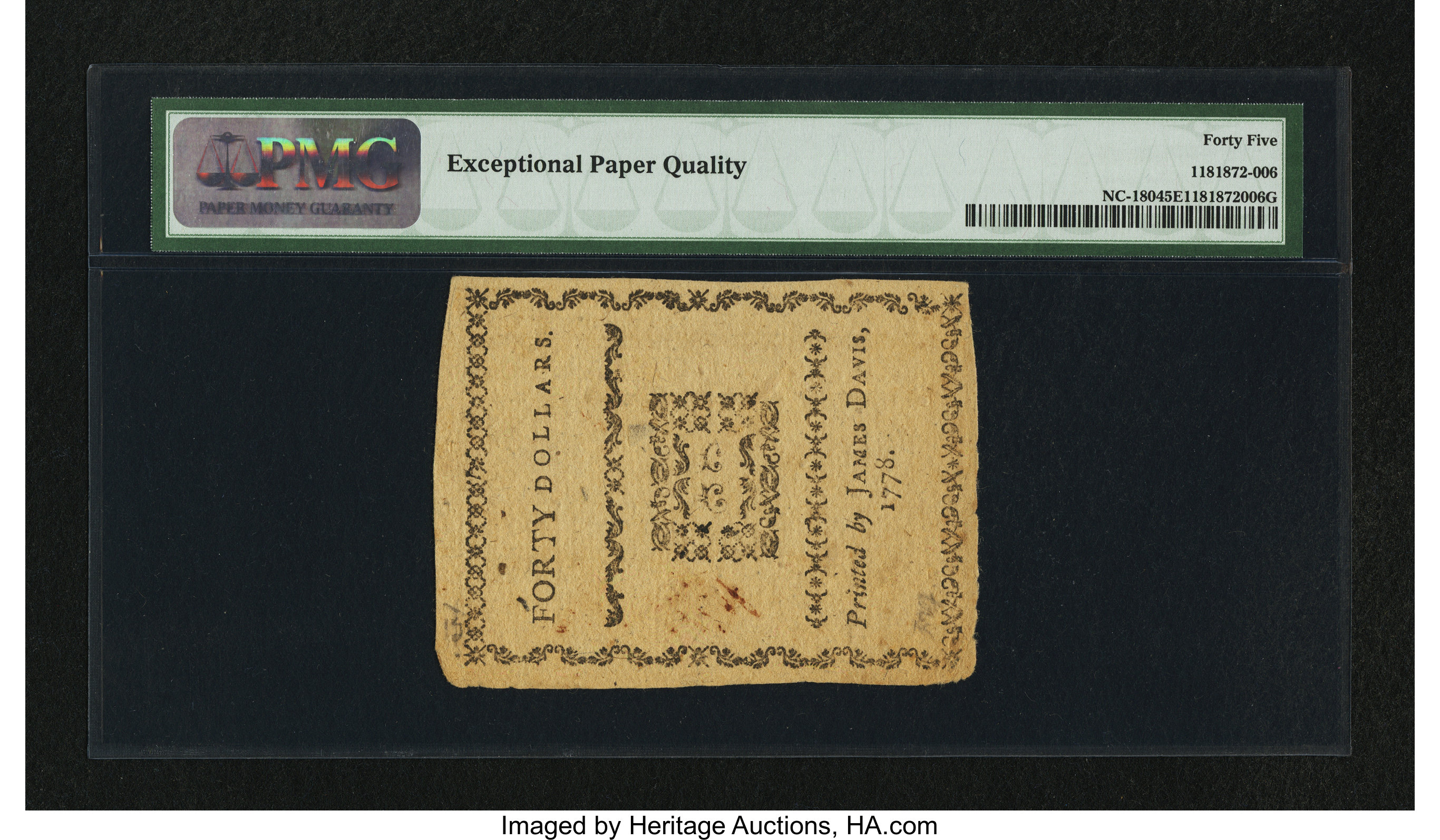 image for: North Carolina August 8, 1778 $40 Freedom of Speech and Liberty of the Press PMG Choice Extremely Fine 45 EPQ....