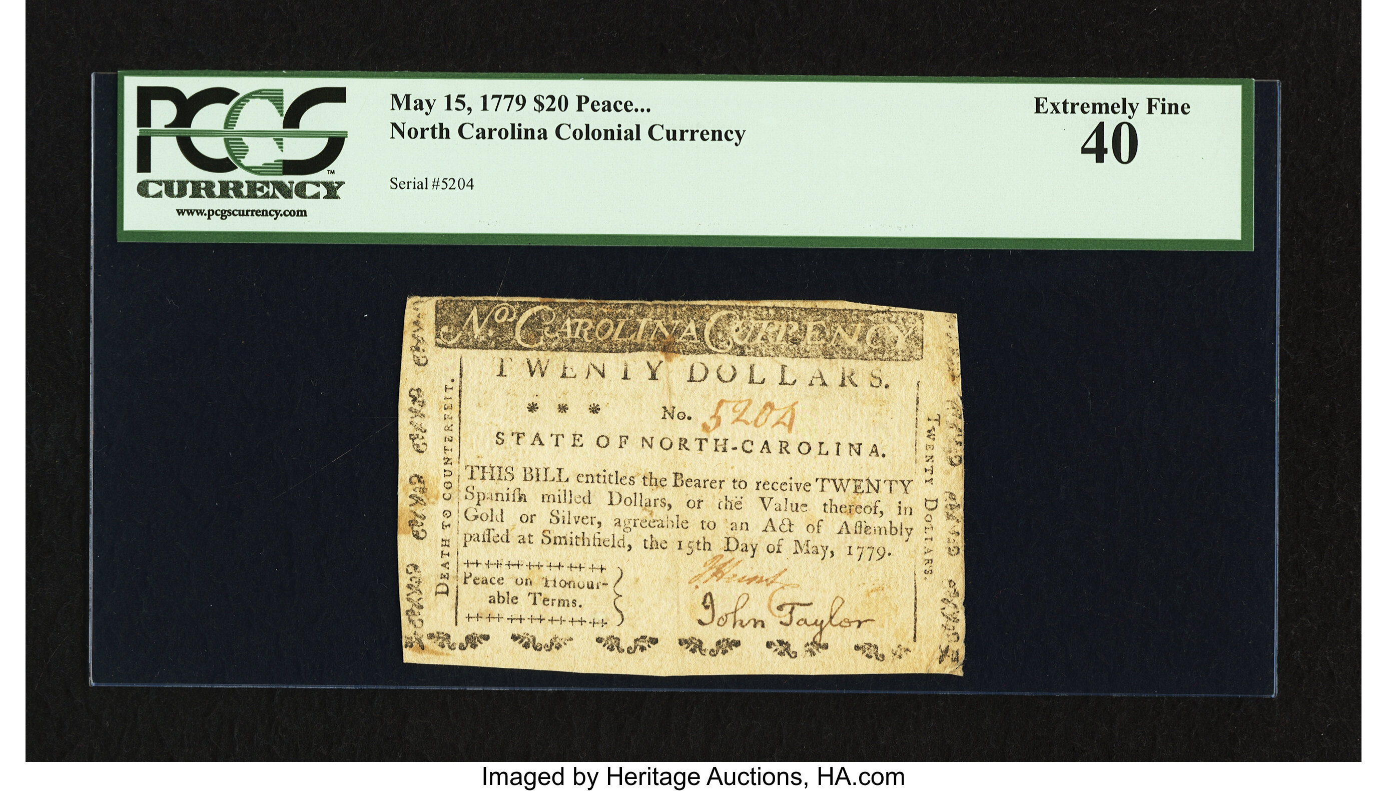 image for: North Carolina May 15, 1779 $20 Peace on Honourable Terms PCGS Extremely Fine 40....