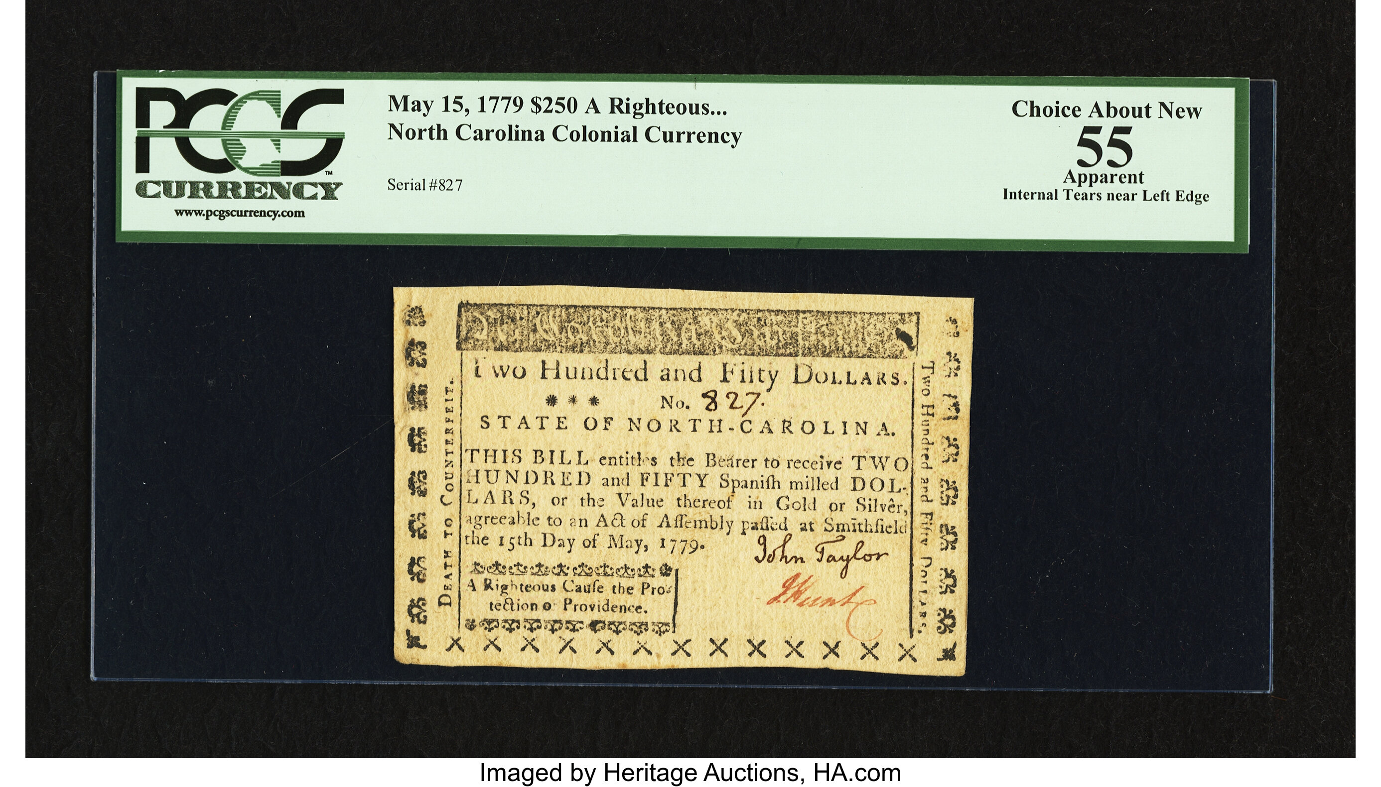 image for: North Carolina May 15, 1779 $250 A Righteous Cause the Protection of Providence PCGS Apparent Choice About New 55....