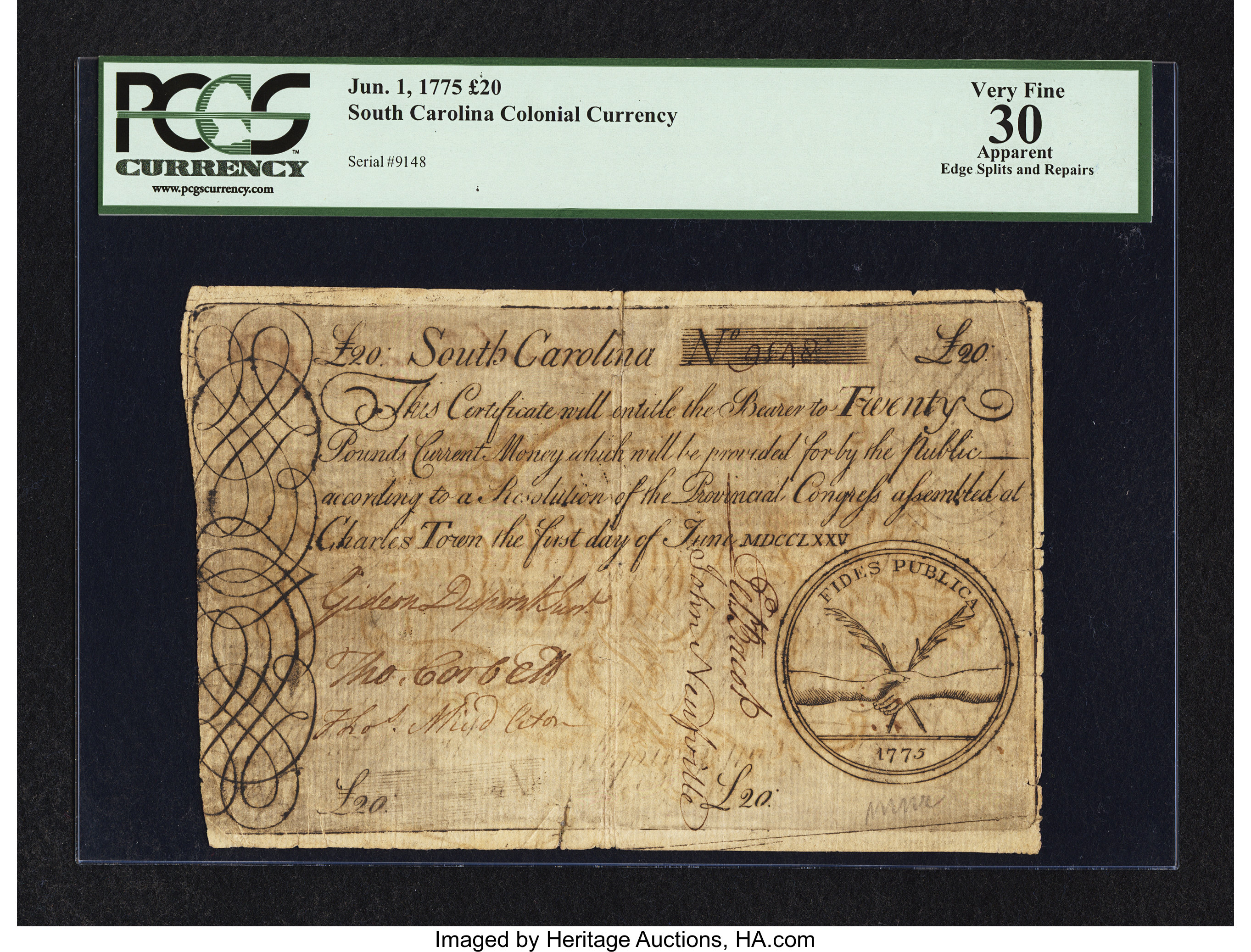 image for: South Carolina June 1, 1775 £20 PCGS Apparent Very Fine 30....