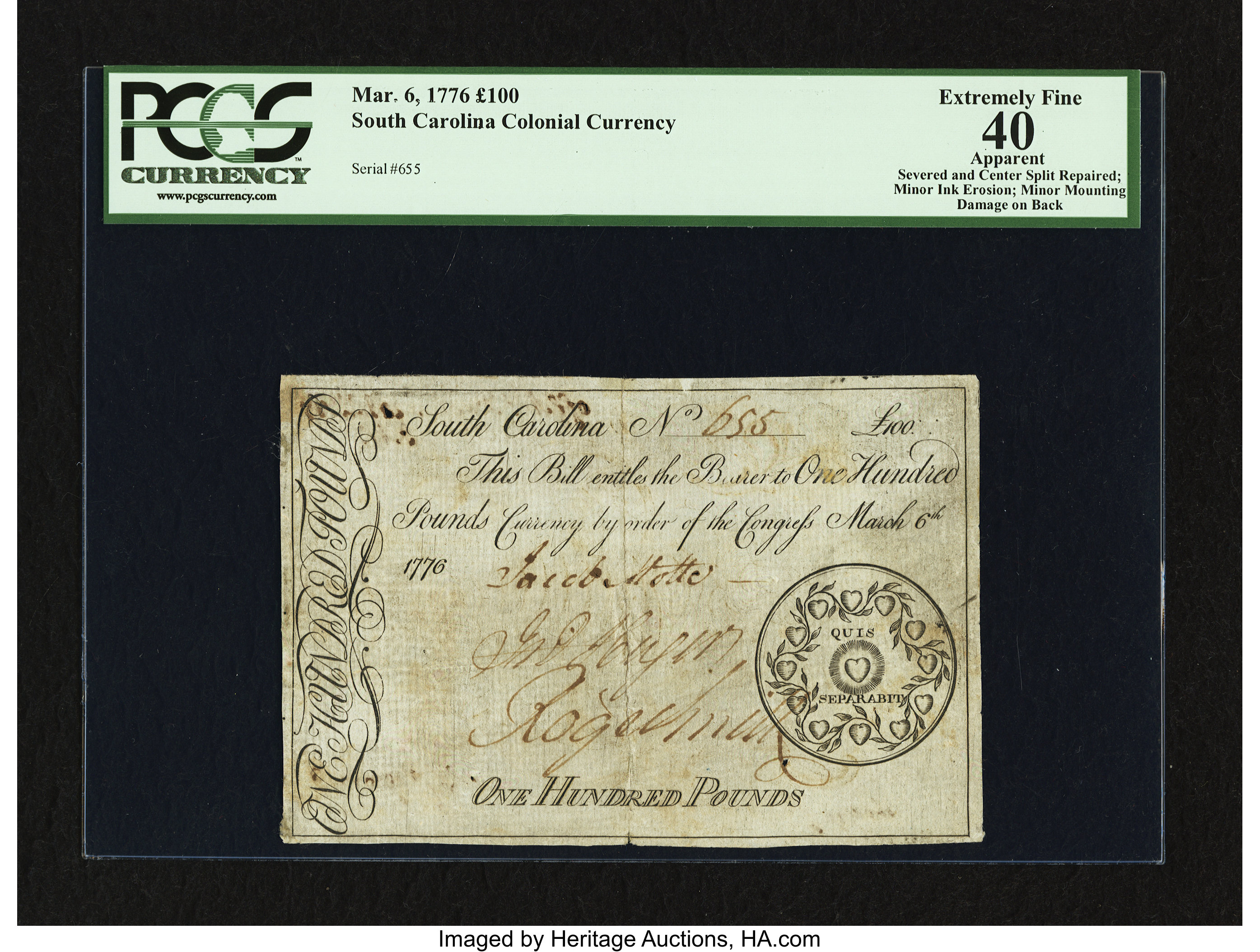 image for: South Carolina March 6, 1776 £100 PCGS Apparent Extremely Fine 40....