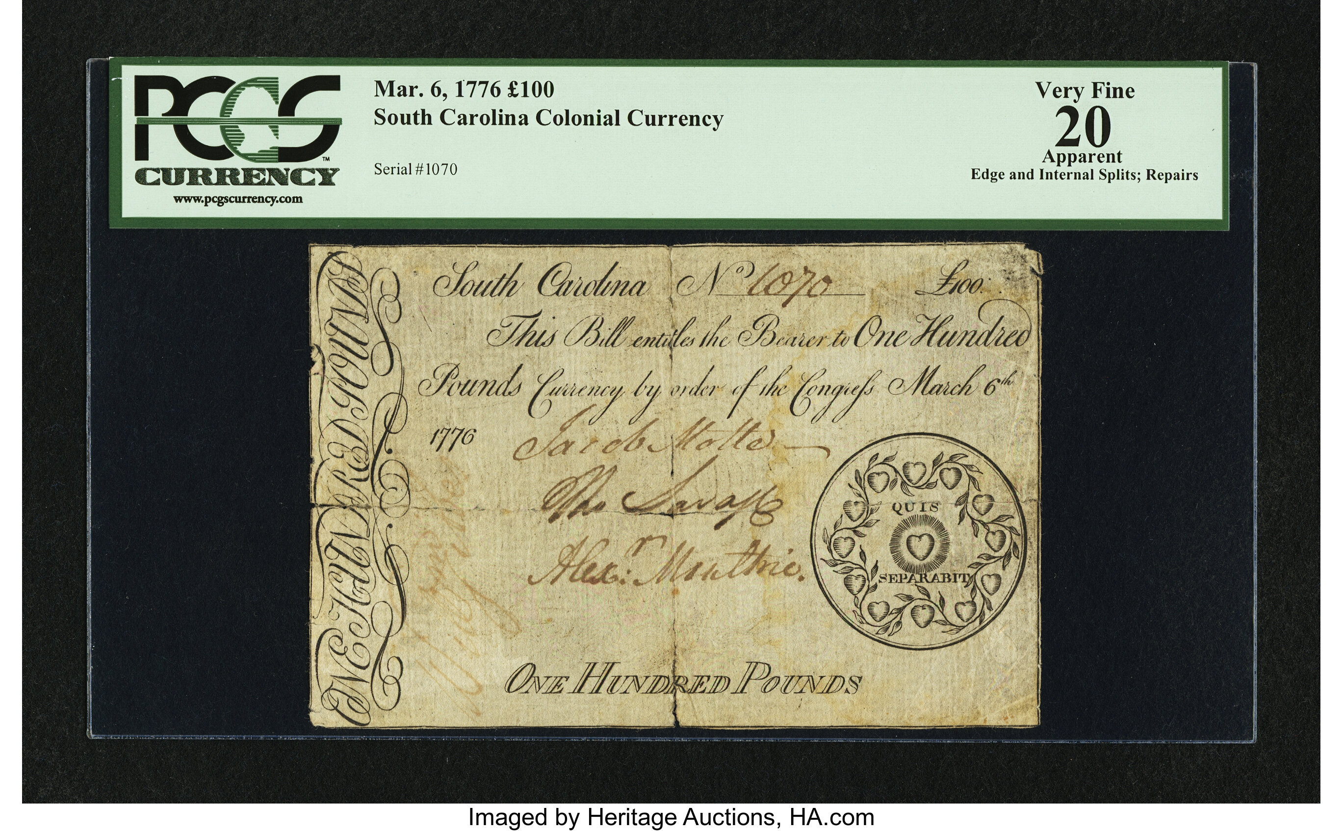 image for: South Carolina March 6, 1776 £100 PCGS Apparent Very Fine 20....
