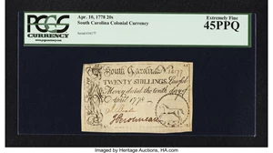 image for: South Carolina April 10, 1778 20s PCGS Extremely Fine 45PPQ....
