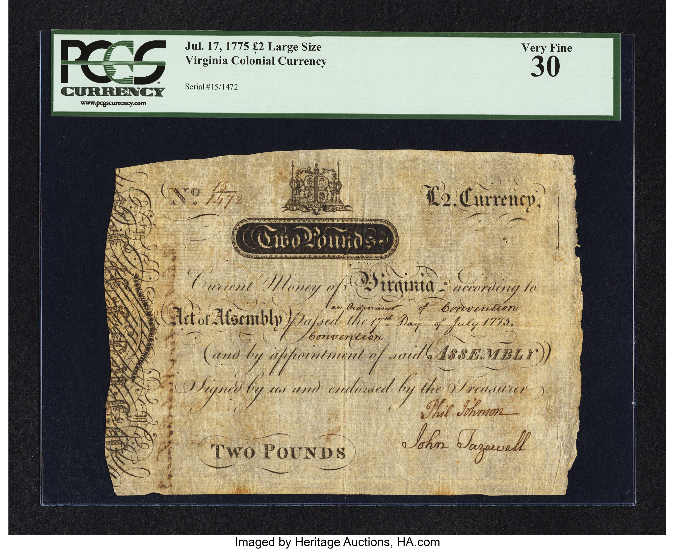 image for: Virginia July 17, 1775 £2 PCGS Very Fine 30....