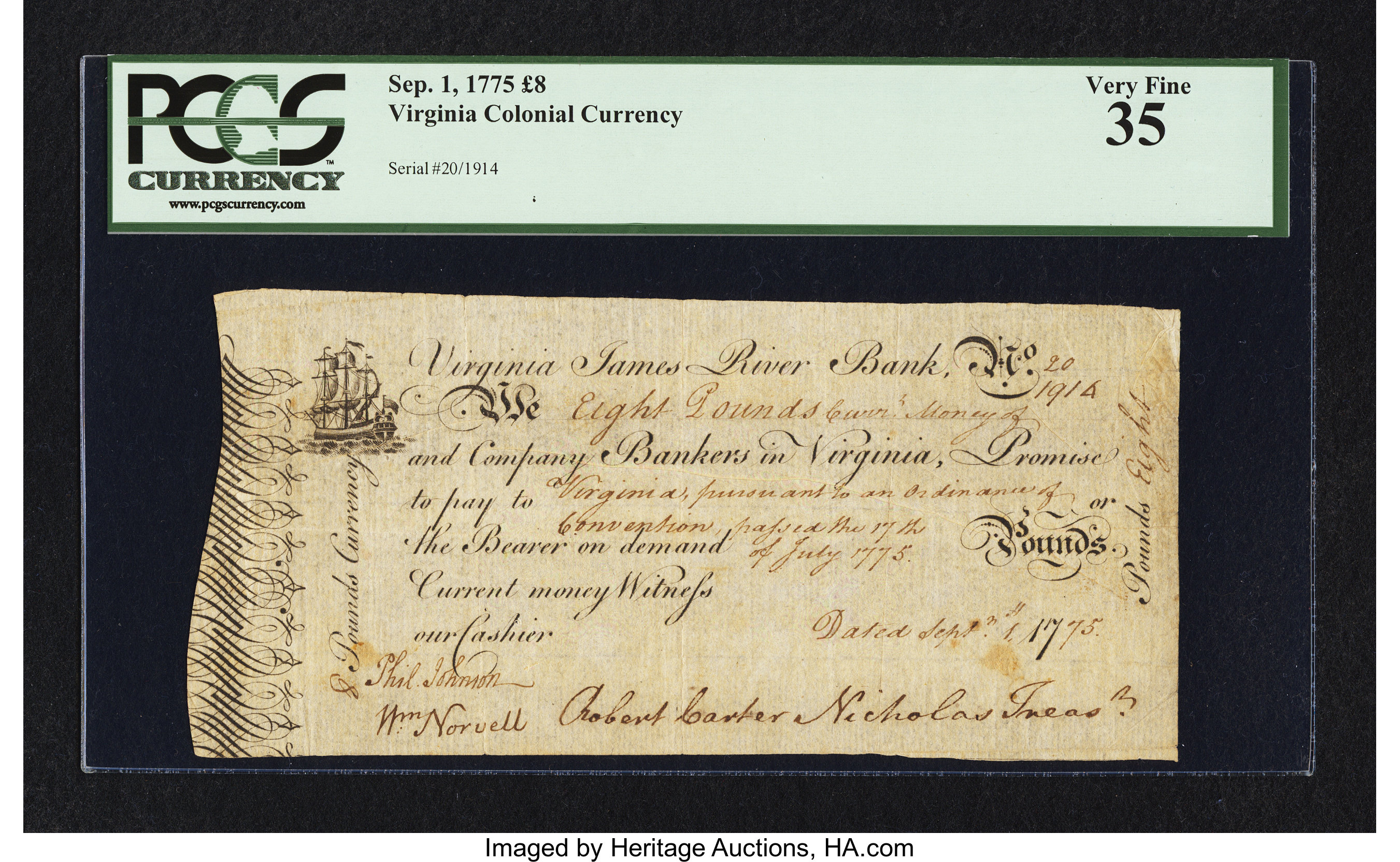 image for: Virginia September 1, 1775 £8 PCGS Very Fine 35....