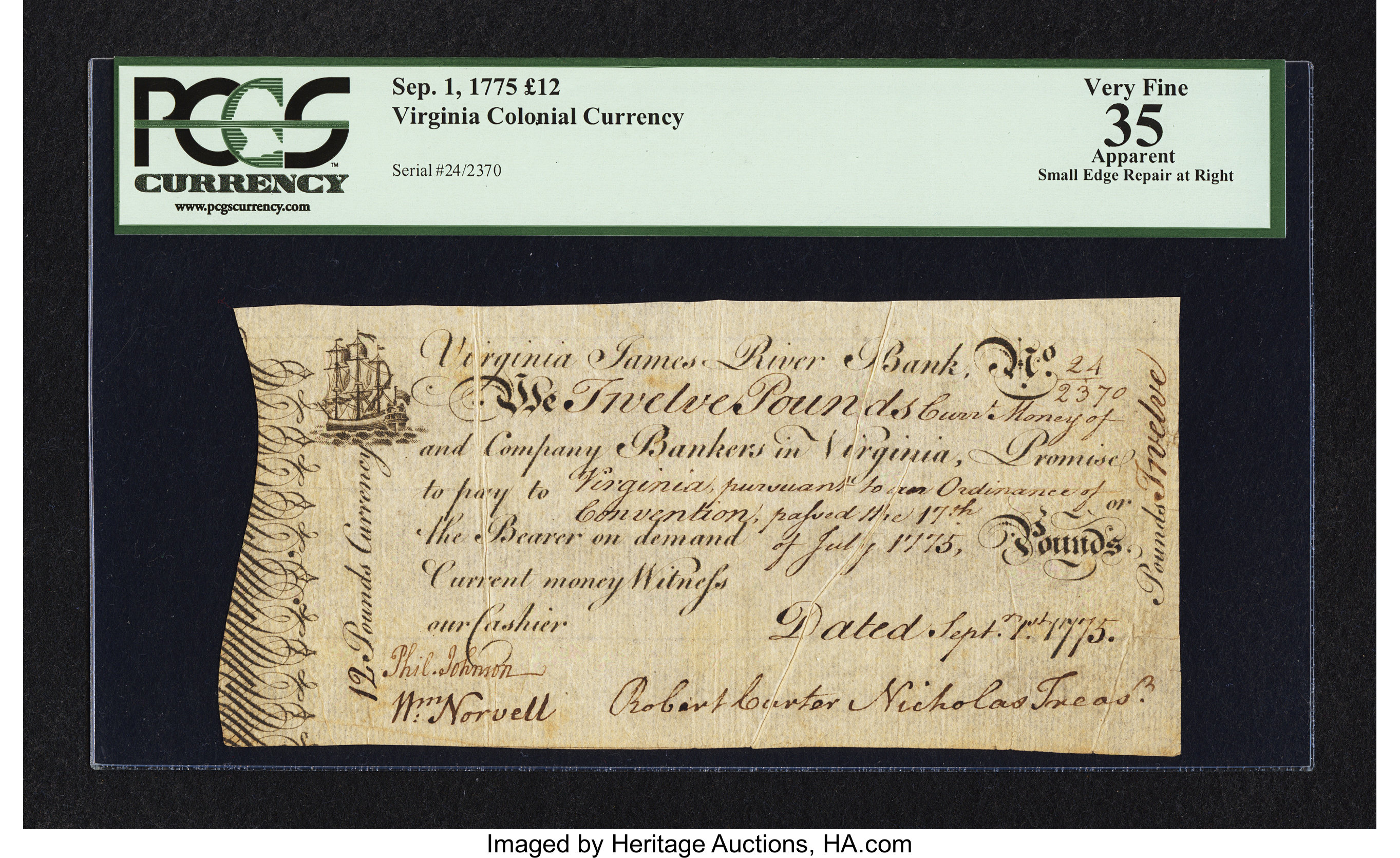 image for: Virginia September 1, 1775 £12 PCGS Apparent Very Fine 35....