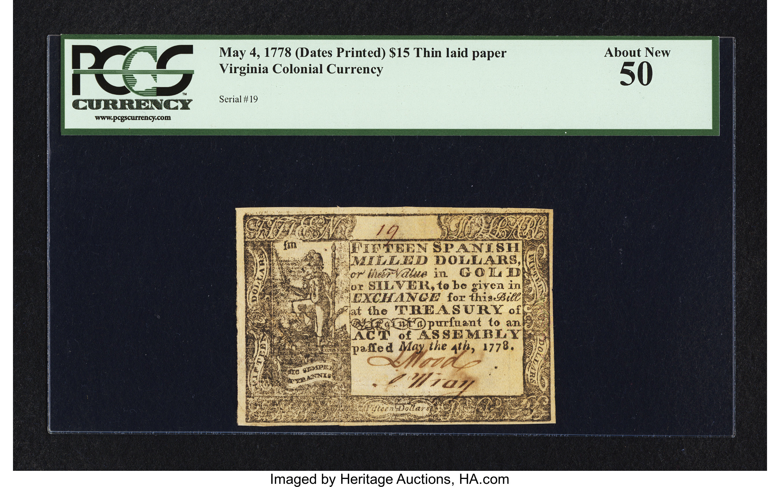 image for: Virginia May 4, 1778 (Dates Printed) $15 PCGS About New 50....